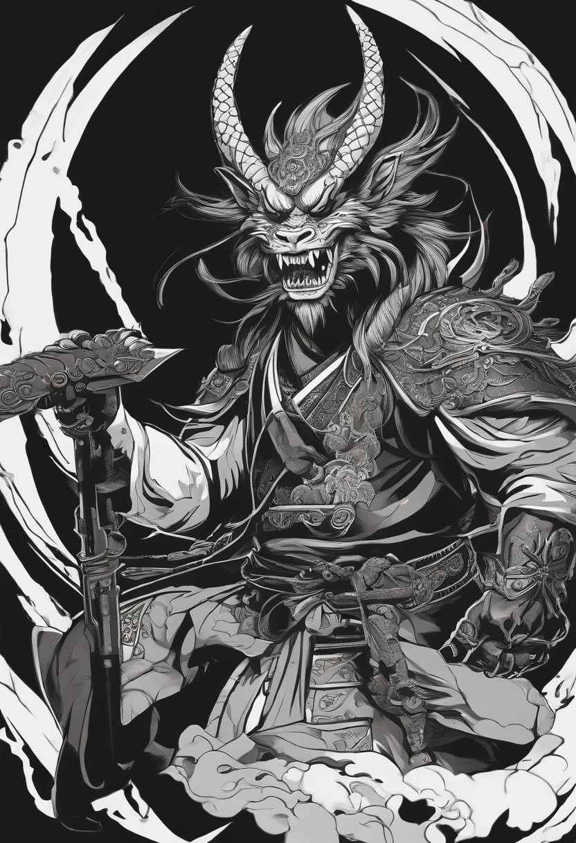 Holding a gun, Goblin face painting in the shape of a dragon, Qiu Tianwang, Painting in the oriental style, Tengu Mask, Demon Samurai Mask, Asura in Chinese mythology, Bold outline style in black, Jagged edges, Front Painting, Sticker illustration on white background, recycle bin, Light Shading --V 5.2