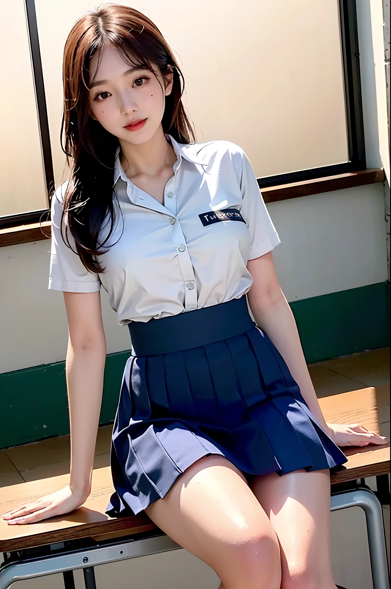 21 year old korean woman,, ((in the classroom)), ((school uniform)), RAW photo, (photorealistic: 1.37, realistic), highly detailed CG integrated 8K wallpapers, 1girl, ((perfect body:1.1)), (medium breasts:1.2) , viewer view, (((straight from the front))), (HQ skin:1.2, shiny skin), 8K UHD, DSLR, Soft Lighting, High Quality, Film Grain, Fujifilm XT3, ((Full Body:0.8)), (Professional Lighting:1.4), ,Sexy, Demanding Smile,