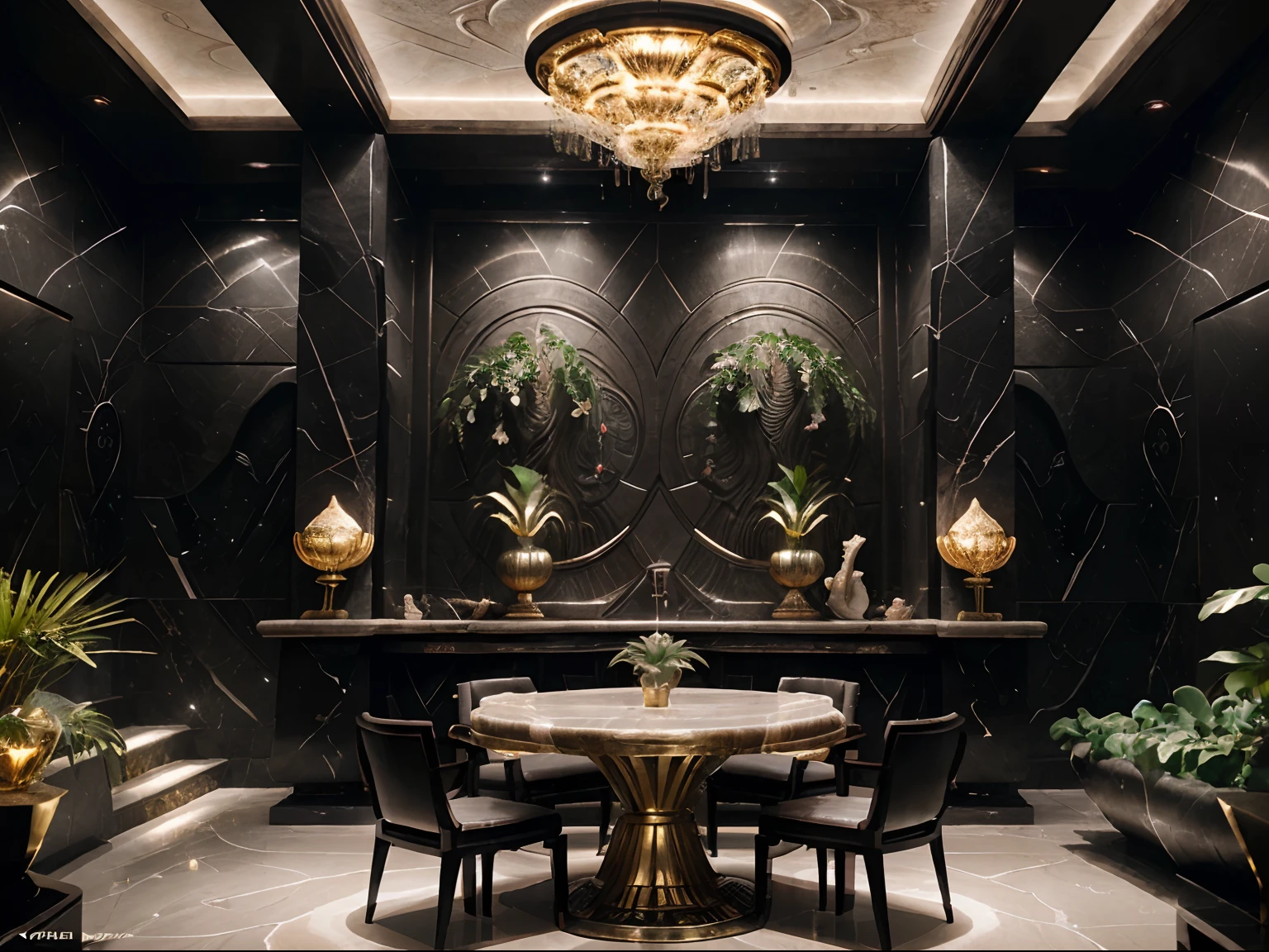incredible luxurious futuristic interior restaurant in Ancient Vietnamese style with many ((lush plants)) (lotus flowers), ((palm trees)), rocky walls, (sand), ((amazing waterfalls)), (marble), ((precious minerals)), ((metals)), (gemstones), crystals, clouds and ((water)), futuristic luxury furniture, crocodiles, ((hieroglyphics)), (((ultra luxury))), (black marble) – with ((beautiful lights)), Unreal Engine, HQ, 16k