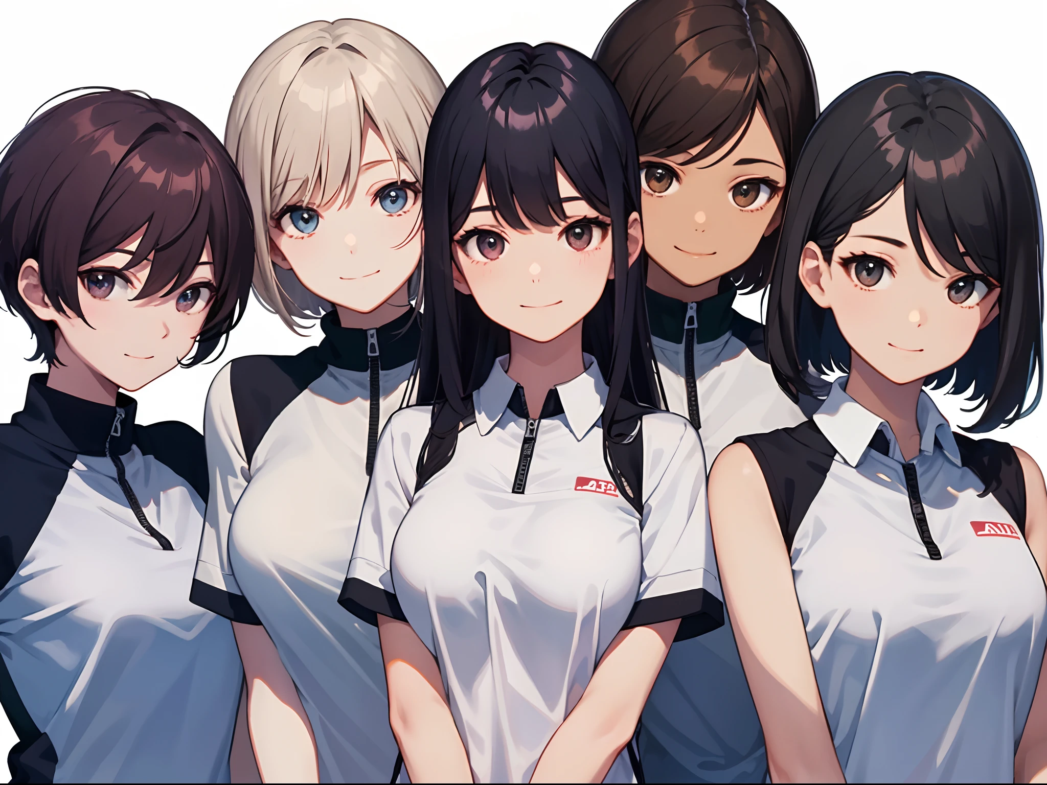 masterpiece、top-quality、detaile、hight resolution、extremely delicate and beautiful、Short bob with black hair、simple background、upper body closeup、beutiful breast、soft tennis、Tennis Wear、Smile、multiple female、5 women、4 females、3 women、