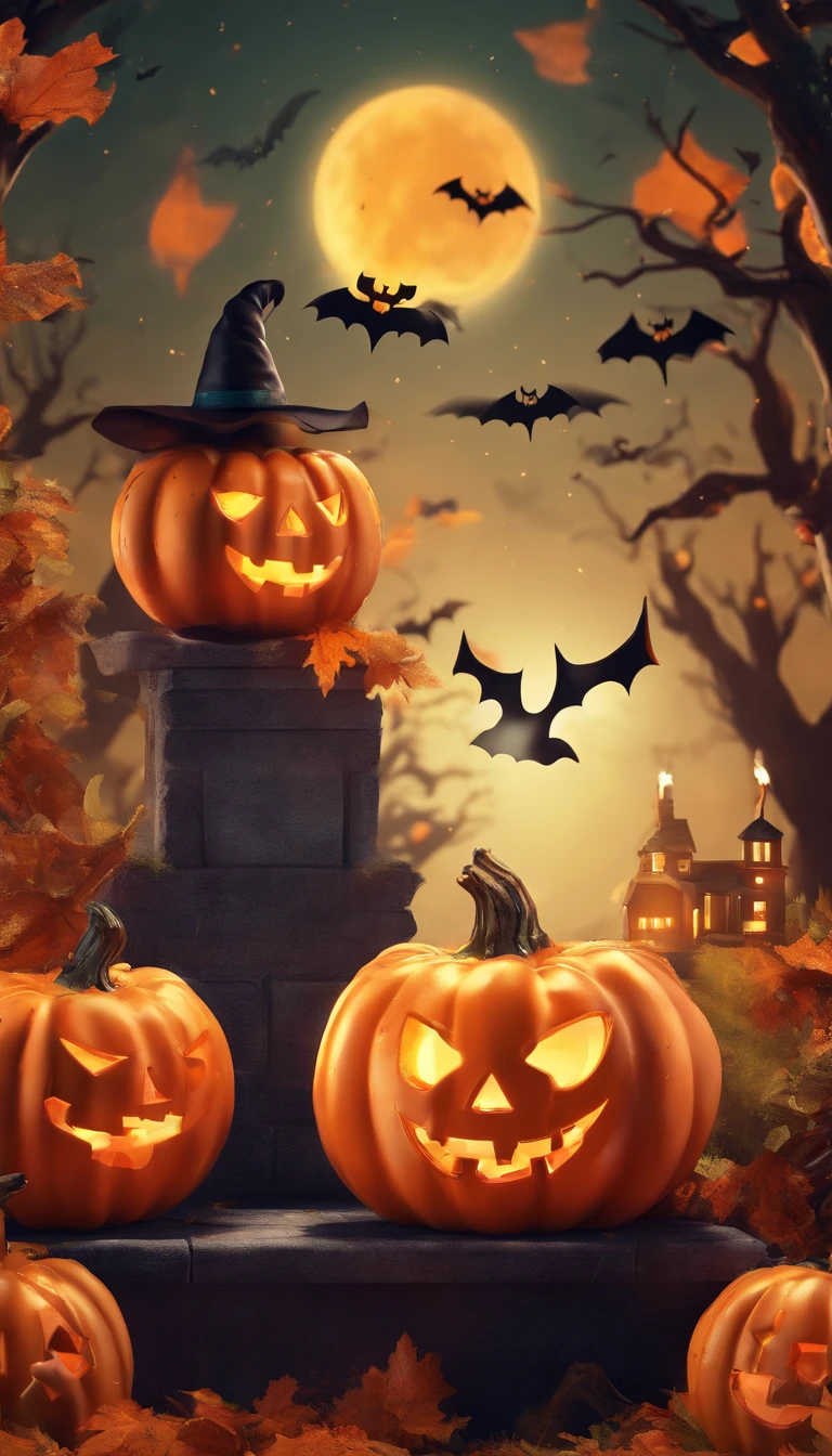 Halloween party flyer template with pumpkin and bat, 3 d model，C4D,halloween art style, Trick or Treat, halloween celebration, stock illustration, halloween theme, halloween wallpaper with ghosts, Halloween movies, illustrated poster, halloween atmosphere, header text”, Halloween, illustratio, 1 9th, Grand!, illustration!, Vintage Halloween postcard, halloween night, creepy themed, stock art, spooky halloween theme