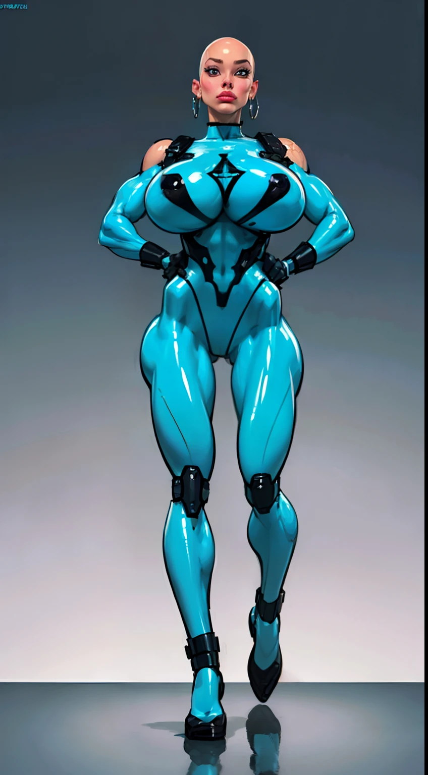 8k ((full body view))((view from below:1.5)),(large eyes:1.3), defined cheekbones, looking back, ((the pit style:1.4))((sleek chrome bodysuit:1.6)) ((intricate metal details:1.4))detailed face:1.5), lightblue skin,(puffy lips:1.5) (lightblue skin:1.6), (bald woman:1.7), (skinhead) ((sexy pose)),(Muscular:1.3), ((gigantic breasts:1.5)), )highly detailed, majestic, digital photography, art by artgerm and ruan jia and greg rutkowski, ((metal shoulder pads:1.2)), (masterpiece), sidelighting, intricate details, black and blue color palette