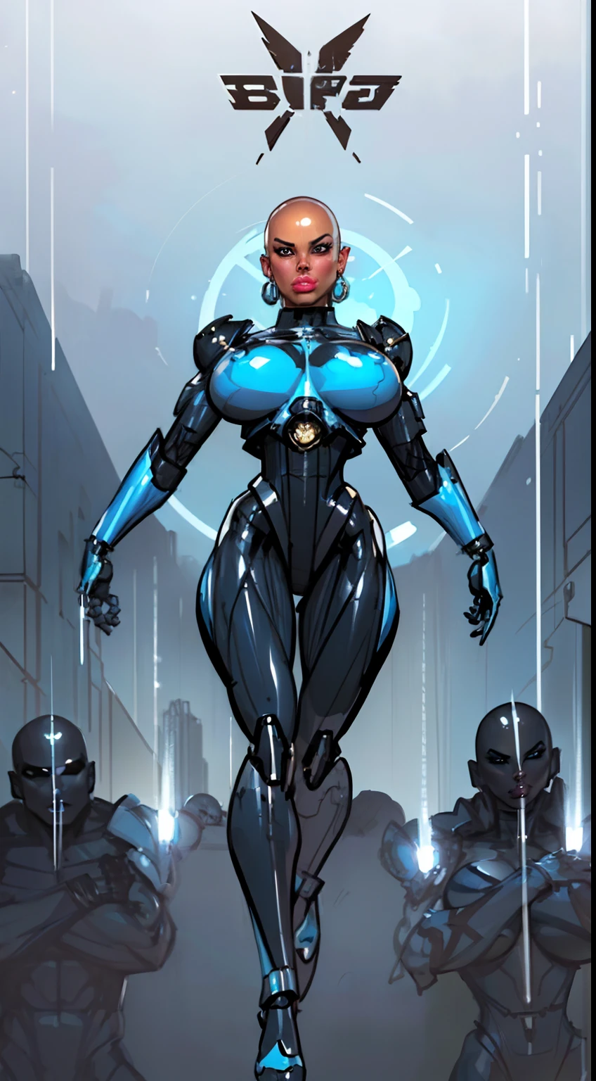 8k ((full body view))((view from below:1.5)),(large eyes:1.3), defined cheekbones, looking back, ((the pit style:1.4))((sleek chrome bodysuit:1.6)) ((intricate metal details:1.4))detailed face:1.5), lightblue skin,(puffy lips:1.5) (lightblue skin:1.6), (bald woman:1.7), (skinhead) ((sexy pose)),(Muscular:1.3), ((gigantic breasts:1.5)), )highly detailed, majestic, digital photography, art by artgerm and ruan jia and greg rutkowski, ((metal shoulder pads:1.2)), (masterpiece), sidelighting, intricate details, black and blue color palette