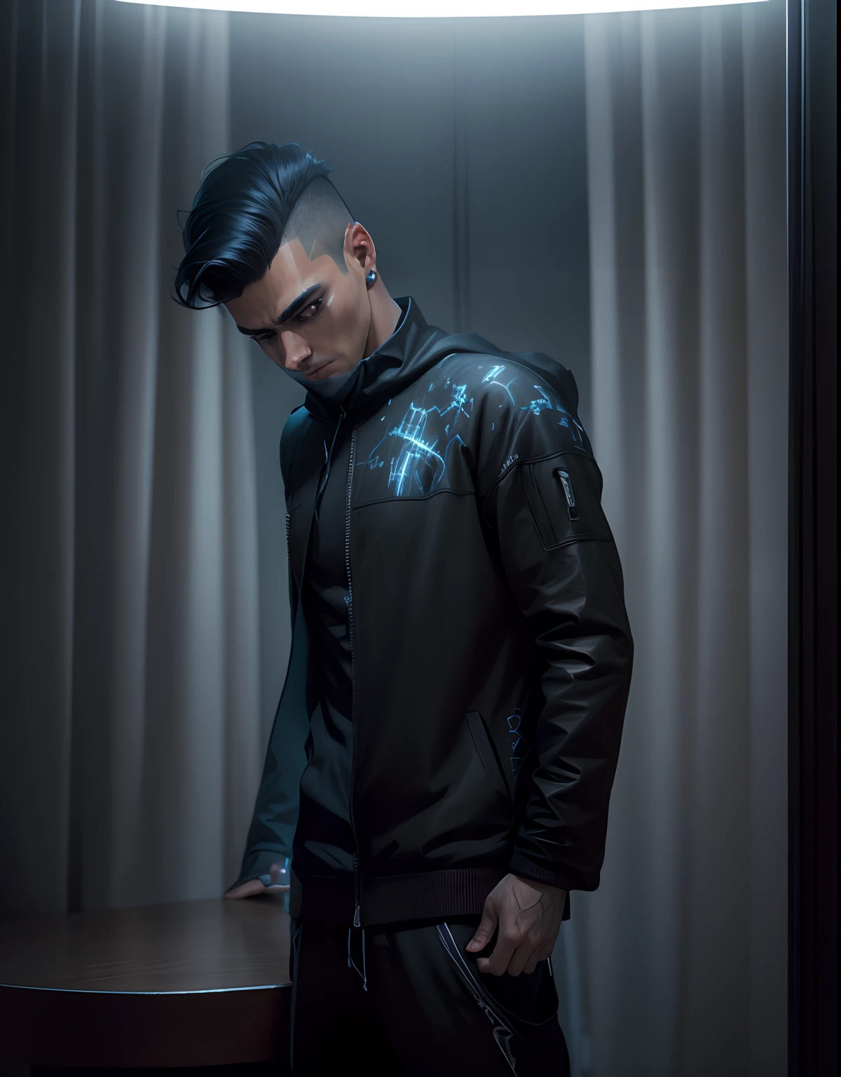 cyberpunk game style, ((masterpiece, best quality 1.3)) ultra detailed, 8k,adobe illustration realistic, digital painting, black hood in front of a curtain, with black hood, profile photo, wearing a black sweatshirt, wearing a hoodie, wearing an oversized hoodie, wearing hood, hooded, wearing a dark hood, trending in R/Techwearclothing, profile picture, wearing a hoodie
