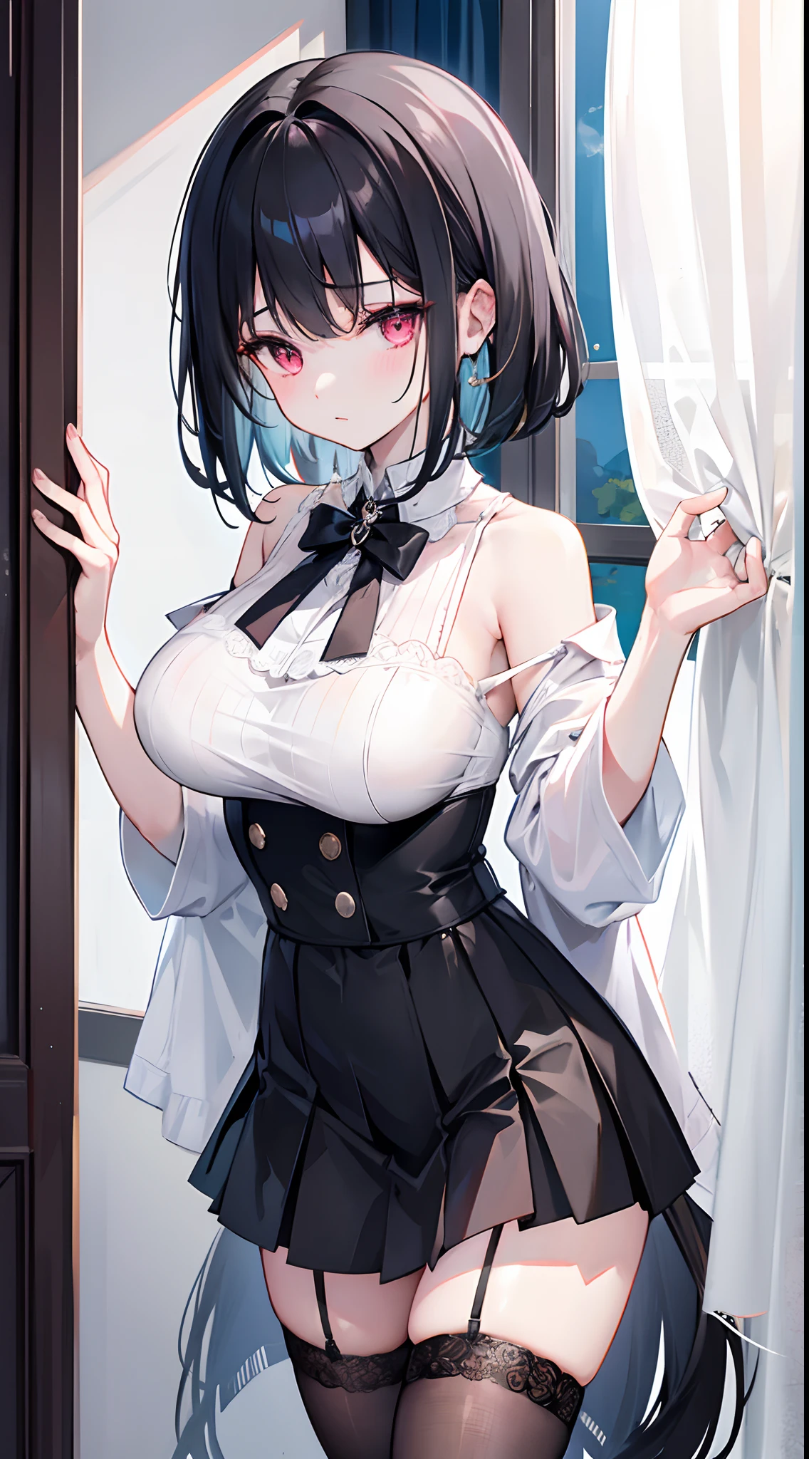 ((Best quality)), ((masterpiece)), (detailed: 1.4), beautiful woman, short black shirt open, short skirt, black hair locks gray, fringe twin tails, black rose, skull, neckline, sweaty, wide square, defined body, body shine, sarcastic smile, dark, black lipstick, ink, (solo), realistic,((masterpiece)), (best quality), (detailed), (1 girl), large breasts, sexy, thicc