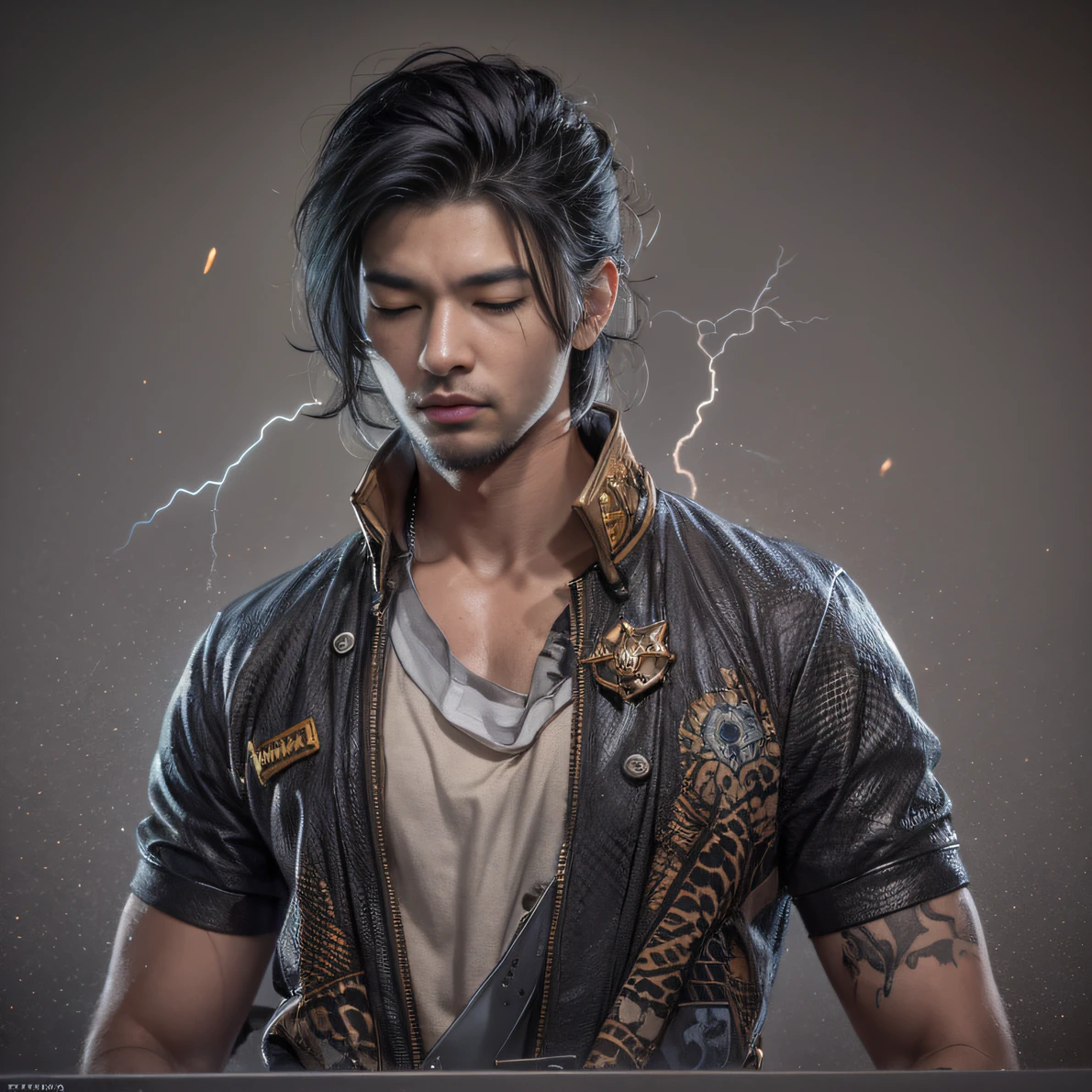 Full body male chef 32K（tmasterpiece，k hd，hyper HD，32K）Long flowing black hair，Camping area，zydink， a color， patriot （canyons）， （Linen batik scarf）， Combat posture， looking at the ground， Linen bandana， Chinese python pattern long-sleeved garment， （Abstract gouache splash：1.2）， Dark clouds lightning background，Flour flies（realisticlying：1.4），Black color hair，Flour fluttering，Background fog， A high resolution， the detail， RAW photogr， Sharp Re， Nikon D850 Film Stock Photo by Jefferies Lee 4 Kodak Portra 400 Camera F1.6 shots, Rich colors, ultra-realistic vivid textures, Dramatic lighting, Unreal Engine Art Station Trend, cinestir 800，Flowing black hair,（（（Male chef）））With his eyes closed