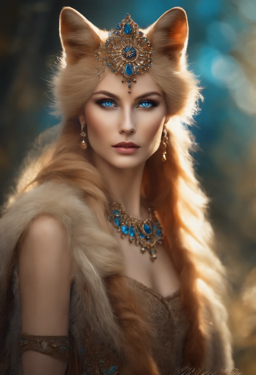 Elegant woman fox spirit, moddest, queen, blue eyes, left eye brown spot,