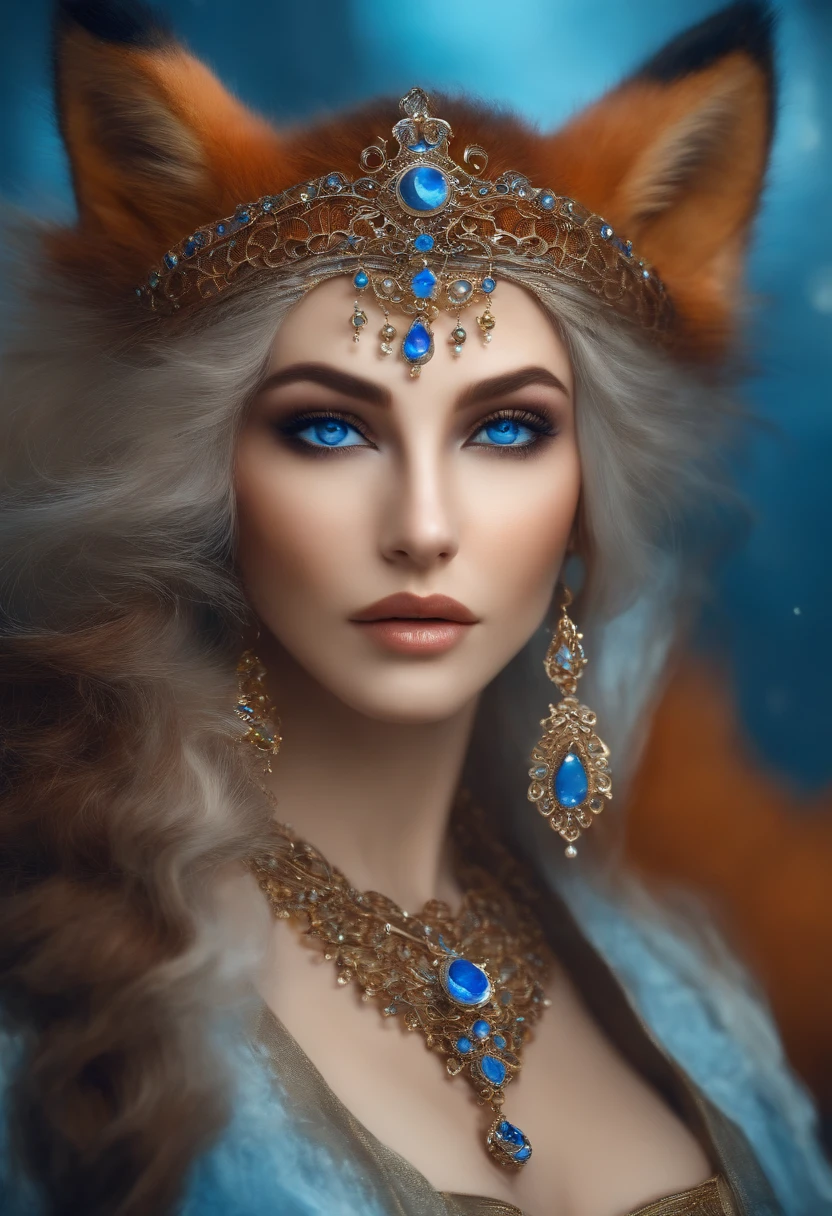 Elegant woman fox spirit, moddest, queen, blue eyes, left eye brown spot,