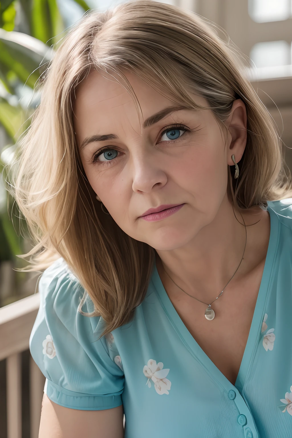 (8K, Raw photo, Photorealistic:1.5), (Old Woman:1.3), brunette, 50 years old,  (big bright green eyes:1.2), Dark blonde hair, Chanel hair, chubby, (tiny chest: 1.5), Wearing a tight blouse with a white floral pattern, Wearing a light blue short tight skirt,No bra, The chest is open,Indoors,speculum,Descending stairs,Looking down, Sunny days,Gentle expression, Volumetric Lights, Dust shining in the air, (Low angle camera: 1.5),Wrinkles on the face,
