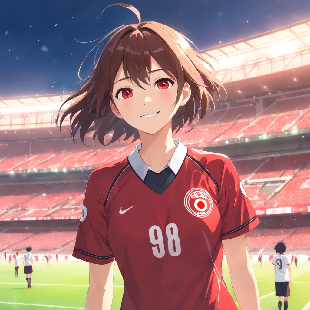 ((masterpiece:1.4)), ((top-quality:1.4)), ((Ultra-detailed details:1.4)), ((ultra high res)), ((Portrait 1.4)), ((Raw photo:1.4)), (Photorealsitic:1.4), (A detailed face), (Realistic background), (((super-detaild skin))), Grass court in a football stadium, 18-year-old male soccer player with short black hair, (((Urawa Red Diamonds red uniform))), No.9, A scene where they are happy when a goal is scored, Dynamic movement with a sense of speed, disheveled hair, Gorgeous illumination, Thumbs up and smile