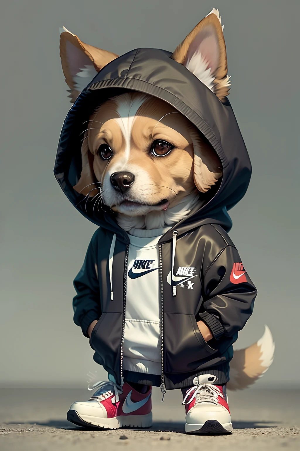 Anime of dogs wearing hoodies from Nike、kawaii girl、Nike sneakers、a smile、cha-cha(Body hair is light brown、Details of the appearance of the Jack Russell Terrier)