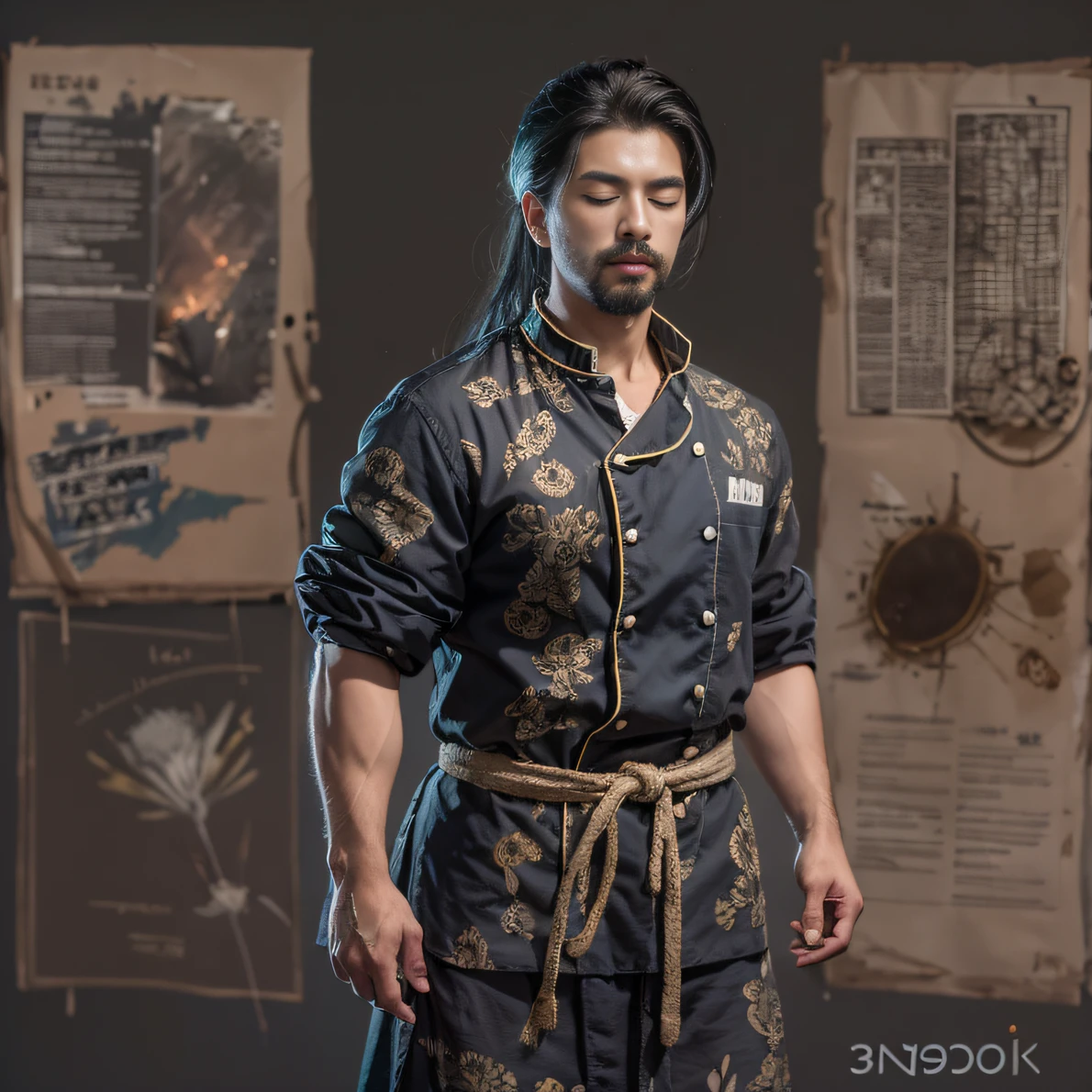 Full body male chef 32K(tmasterpiece,k hd,hyper HD,32K)Long flowing black hair,Camping area,zydink, a color, patriot (canyons), (Linen batik scarf), Combat posture, looking at the ground, Linen bandana, Chinese python pattern long-sleeved garment, (Abstract gouache splash:1.2), Dark clouds lightning background,Flour flies(realisticlying:1.4),Black color hair,Flour fluttering,Background fog, A high resolution, the detail, RAW photogr, Sharp Re, Nikon D850 Film Stock Photo by Jefferies Lee 4 Kodak Portra 400 Camera F1.6 shots, Rich colors, ultra-realistic vivid textures, Dramatic lighting, Unreal Engine Art Station Trend, cinestir 800,Flowing black hair,(((Male chef)))With his eyes closed