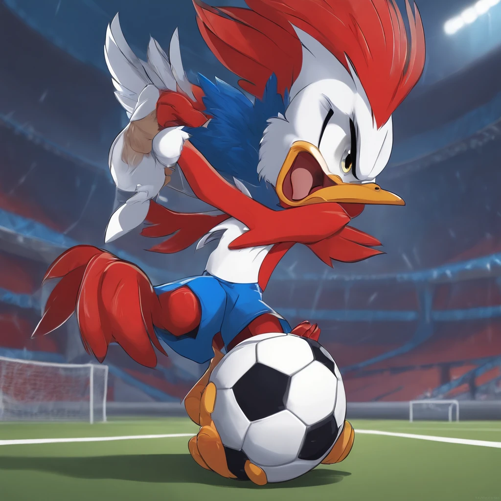 Anthro, cute and angry male human chick, young chick with blue, red and white feathers, soccer ball, futsal court, skulls background