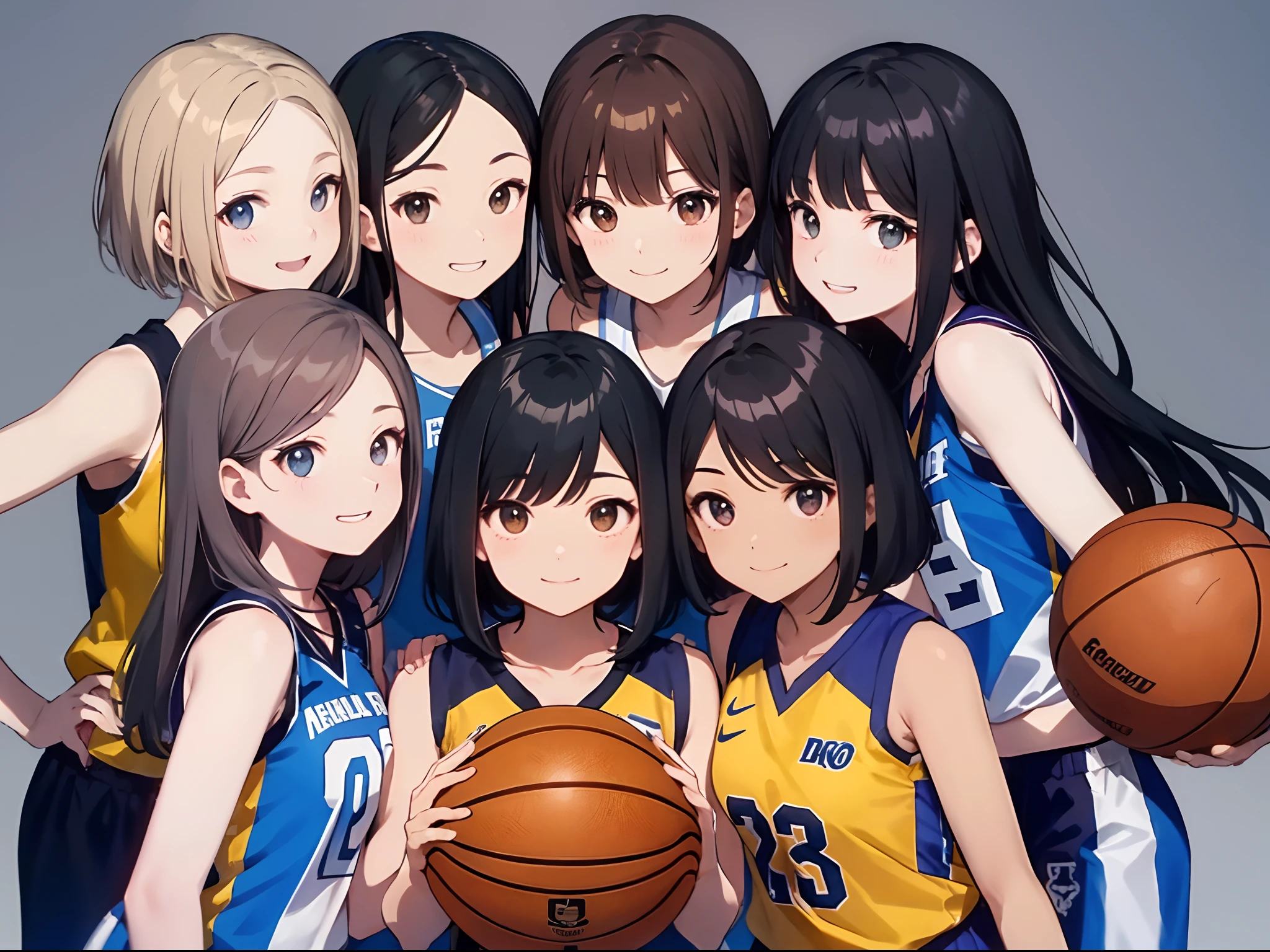 masterpiece、top-quality、detaile、hight resolution、extremely delicate and beautiful、Short bob with black hair、simple background、upper body closeup、beutiful breast、basketball、Basketball Club、Smile、multiple female、5 women、4 females、3 women、
