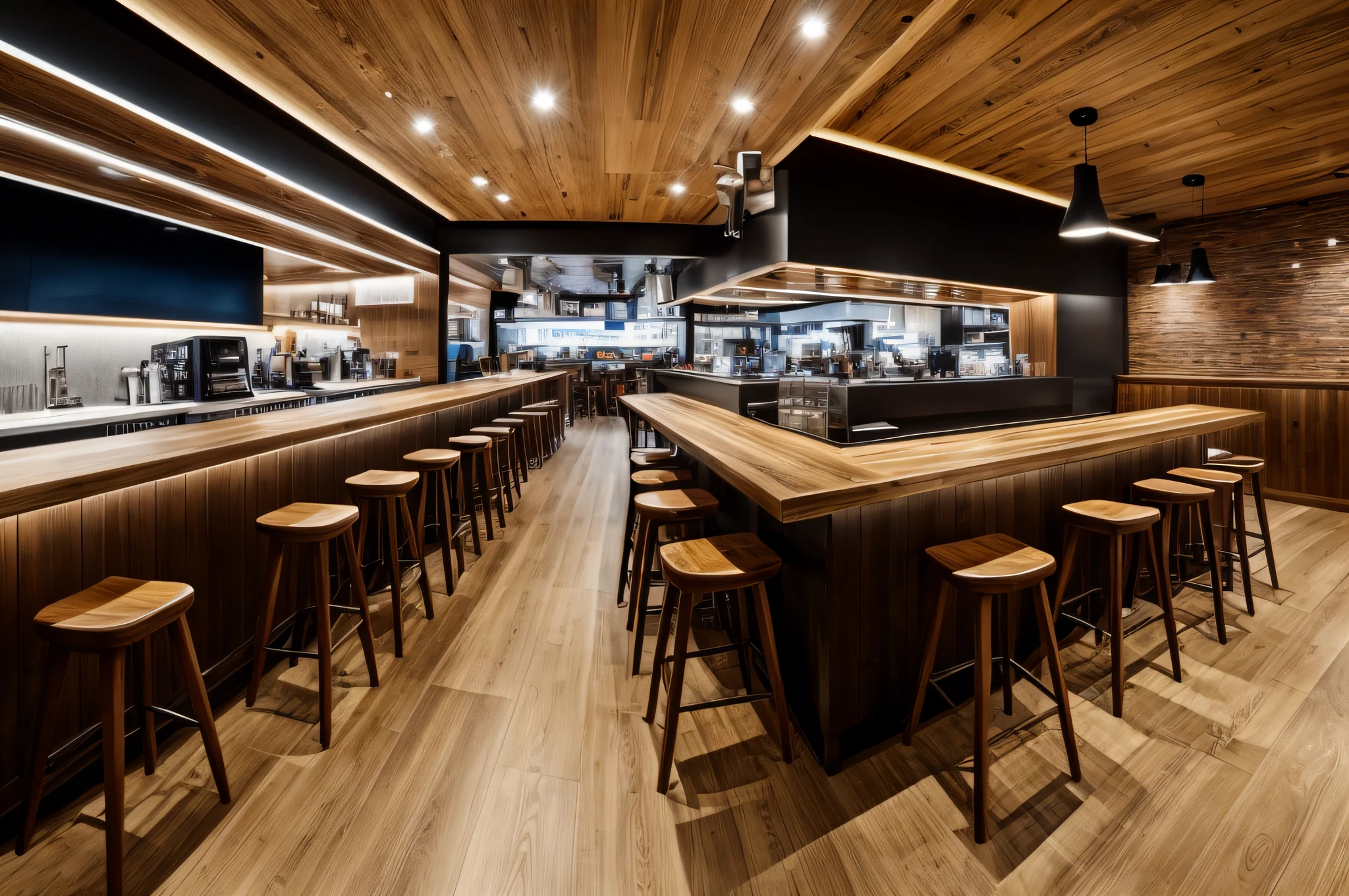 masterpiece, best quality, sharp focus , Detailed standards, Crisp details, Space 1 café , The interior is designed in a modern style , furniture is made from industrial wood , moisture-resistant wood coated with melamine imitation pine grain