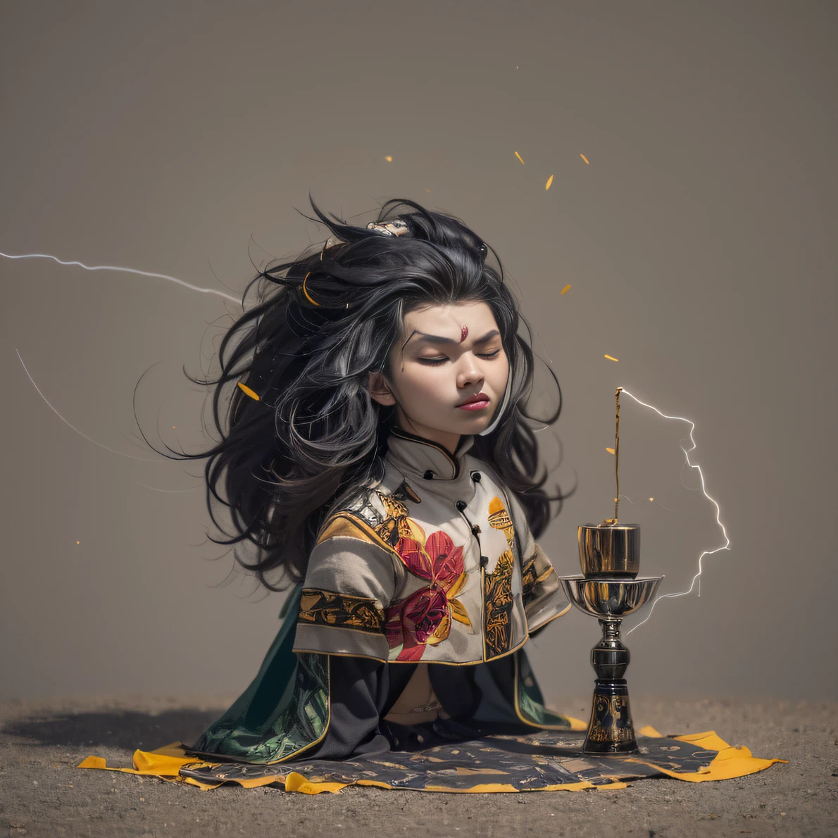 Full body male chef 32K(tmasterpiece,k hd,hyper HD,32K)Long flowing black hair,Camping area,zydink, a color, patriot (canyons), (Linen batik scarf), Combat posture, looking at the ground, Linen bandana, Chinese python pattern long-sleeved garment, (Abstract gouache splash:1.2), Dark clouds lightning background,Flour flies(realisticlying:1.4),Black color hair,Flour fluttering,Background fog, A high resolution, the detail, RAW photogr, Sharp Re, Nikon D850 Film Stock Photo by Jefferies Lee 4 Kodak Portra 400 Camera F1.6 shots, Rich colors, ultra-realistic vivid textures, Dramatic lighting, Unreal Engine Art Station Trend, cinestir 800,Flowing black hair,(((Male chef)))With his eyes closed