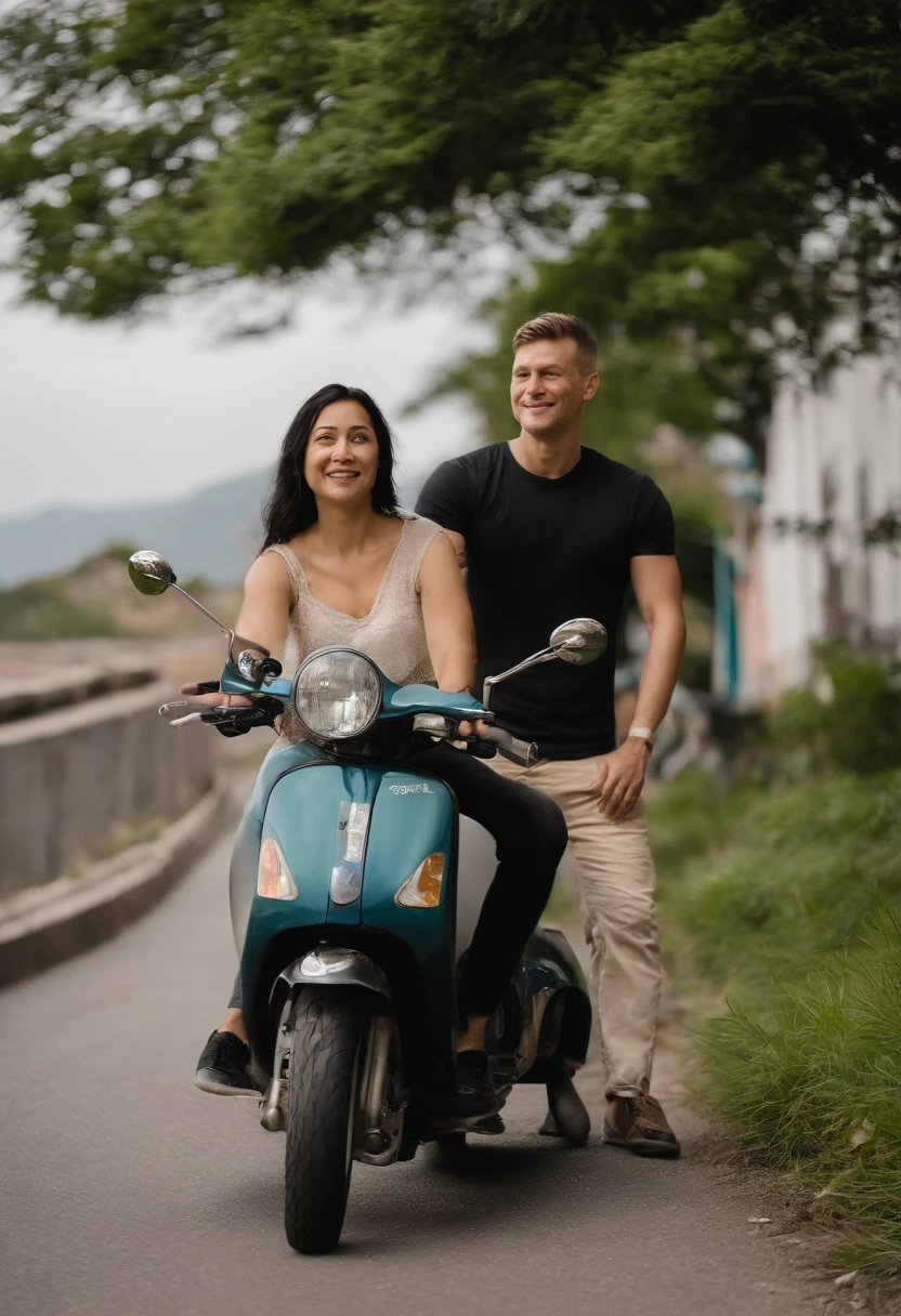 Radko and Jenny on a scooter trip around Taiwan. Radko is a European male, blonde hair, Jenny is a Taiwanese female with black hair. They are riding two scooters, each their own, down the east coast of Taiwan. The sea on the right side is azure and the sky is blue. They are free and happy!
