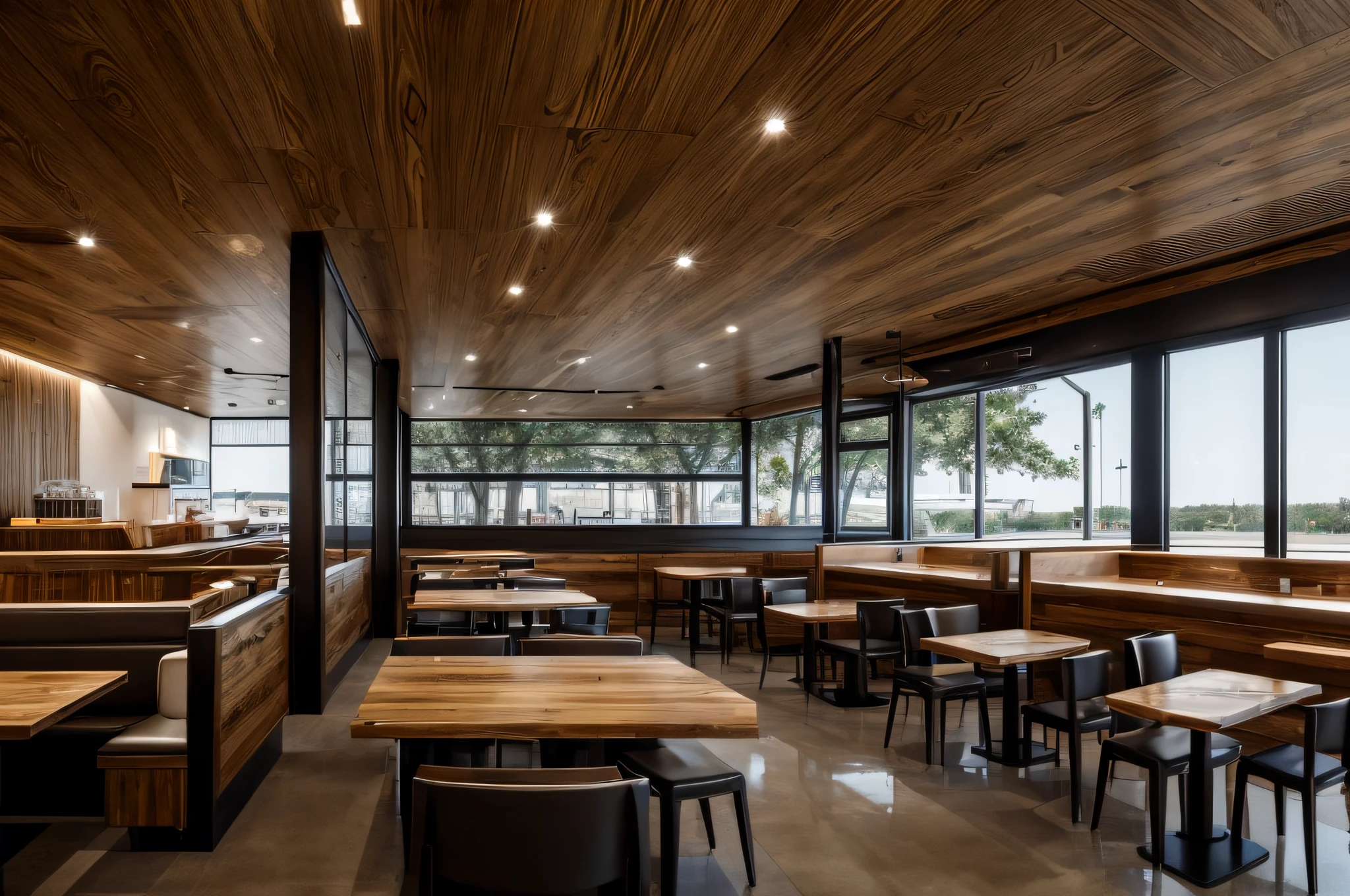 masterpiece, best quality, sharp focus , Detailed standards, Crisp details, Space 1 café , The interior is designed in a modern style , furniture is made from industrial wood , moisture-resistant wood coated with melamine imitation pine grain