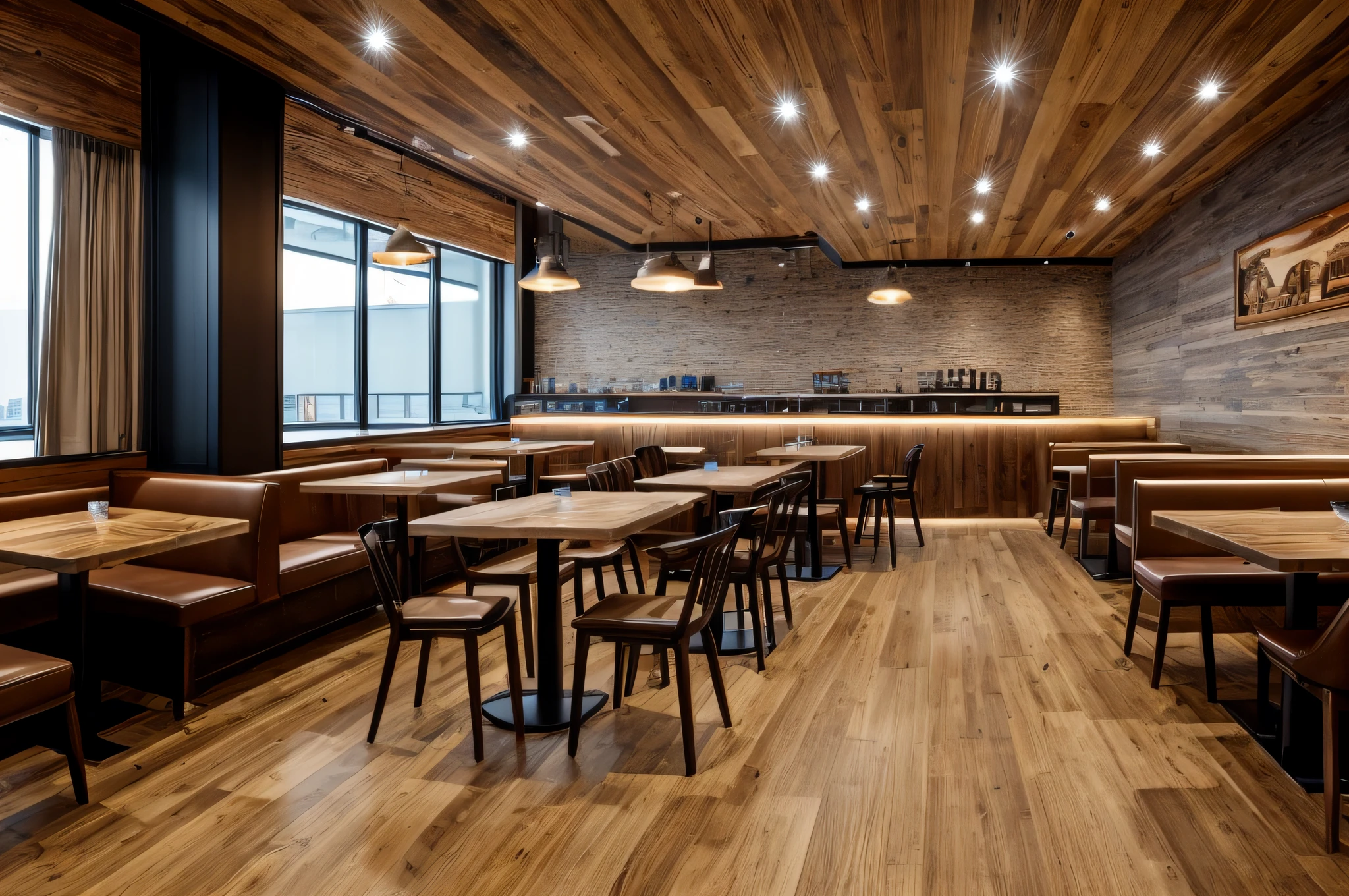 masterpiece, best quality, sharp focus , Detailed standards, Crisp details, Space 1 café , The interior is designed in a modern style , furniture is made from industrial wood , moisture-resistant wood coated with melamine imitation pine grain