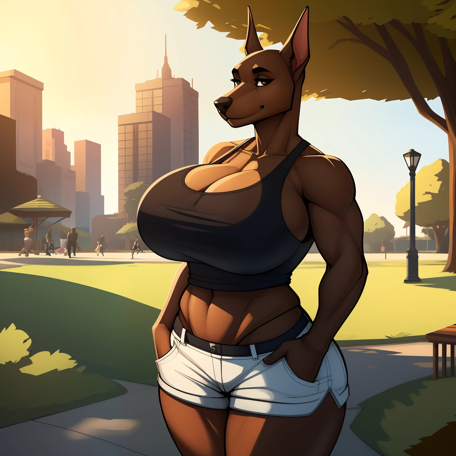 Very_muscular_mature_doberman female dark_brown_two-tone_furry_body brown_eyes milf tank_top shorts park wife solo Masterpiece best_quality absurdres highly_detailed cleanly_drawn_eyes anthro_only large_breasts by_claweddrip, by_greasymojo, by_underscore-b, by_runawaystride
