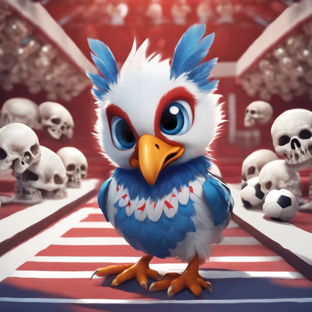 Anthro, cute and angry male human chick, young chick with blue, red and white feathers, soccer ball, futsal court, skulls background