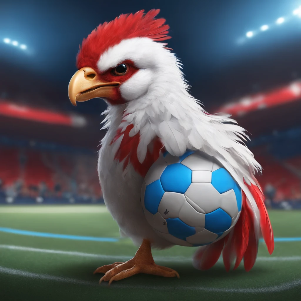 Anthro, cute and angry male human chick, young chick with blue, red and white feathers, soccer ball, futsal court, skulls background