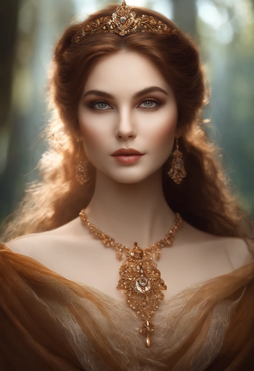 Elegant woman fox spirit, moddest, queen, hazel eyes, left eye brown spot, rounded face, brown hair, soft lips