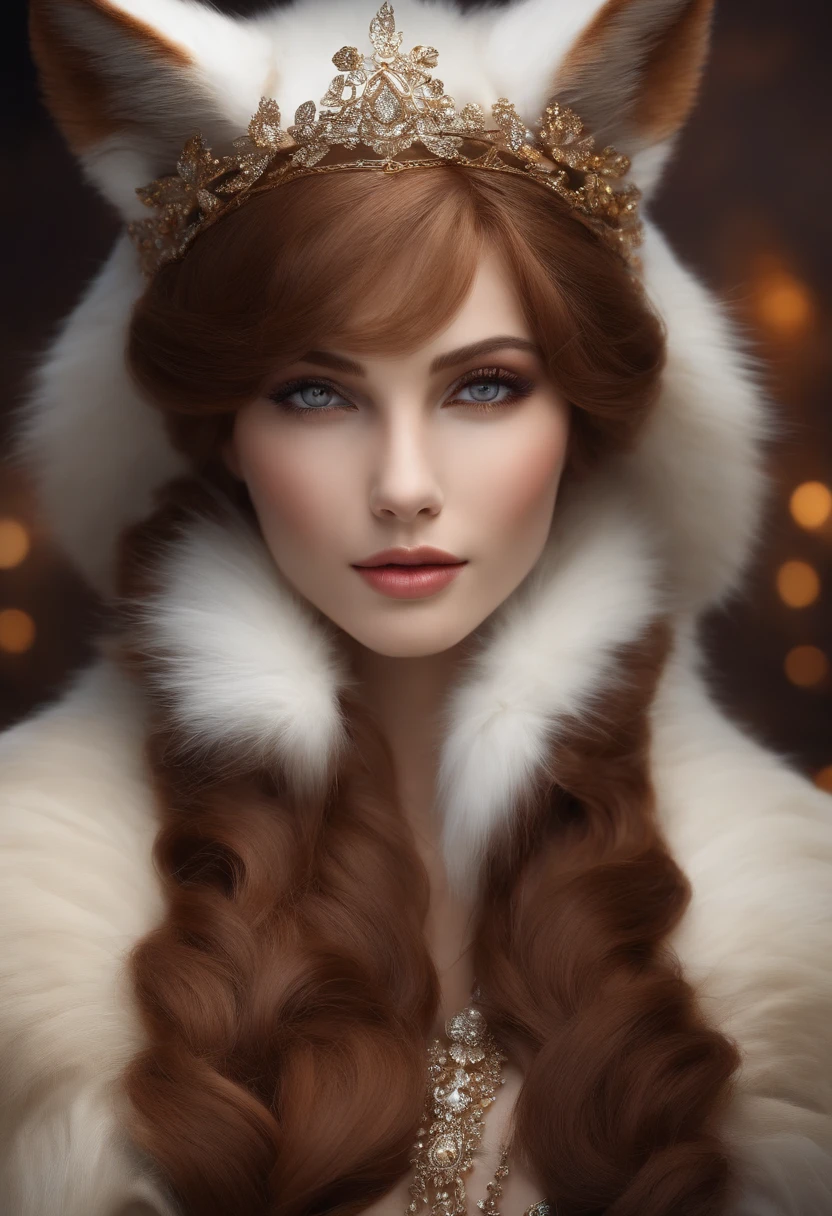 Elegant woman fox spirit, moddest, queen, hazel eyes, left eye brown spot, rounded face, brown hair, soft lips
