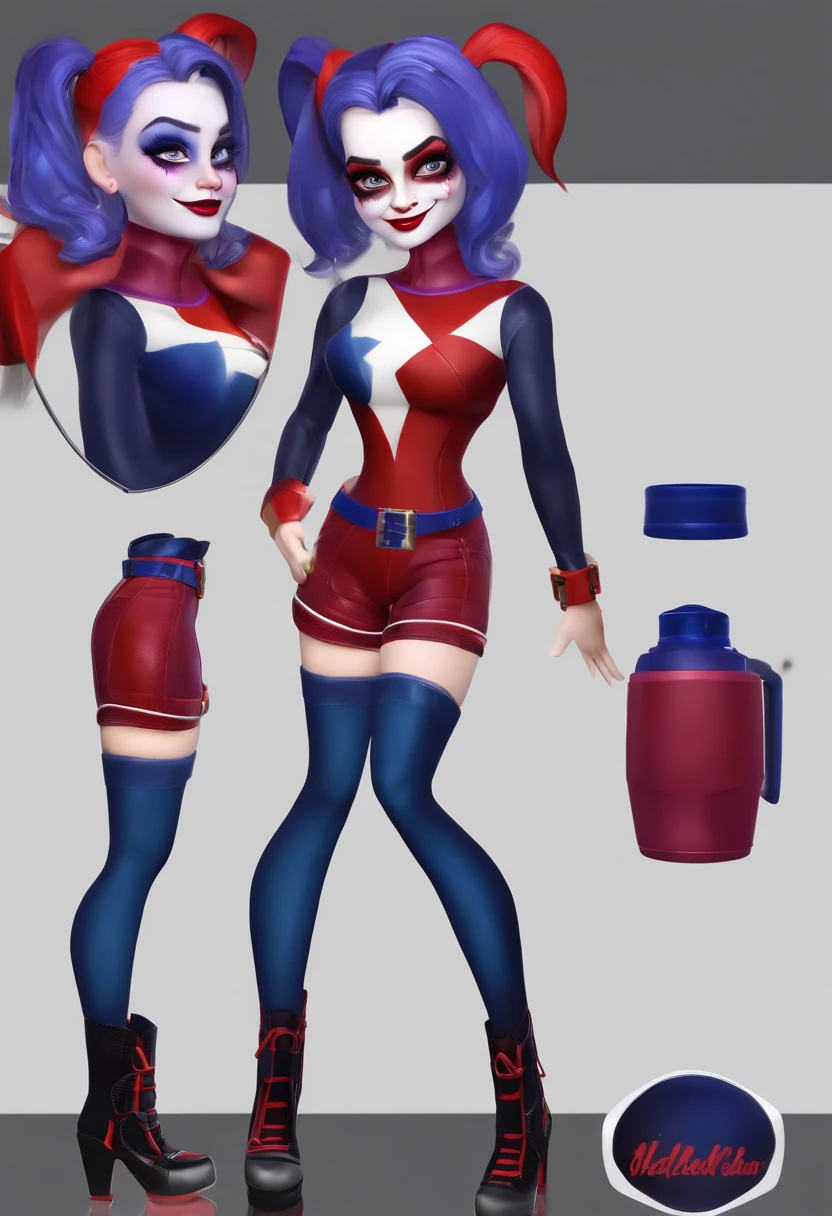 best qualtiy,tmasterpiece,Harley Quinn(Realistic1.2) Photorealistic:2.0)short gym metalic color top and blue satin shorts, drinking coffe on a balcony,full body,blue and purple hair long,Very detailed facial features,Delicate facial expressions,ssmile,Colorful Mimi,taut skin,clothed body,Standing up,short neoprene boots 1.2,full body