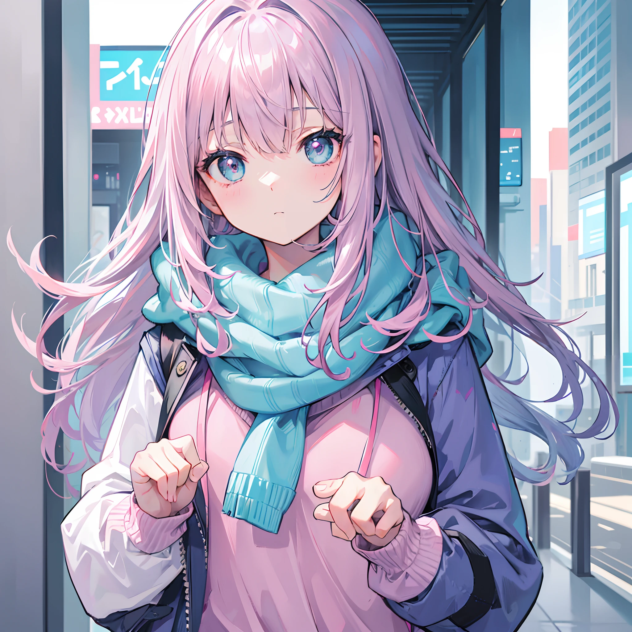 Gray-pink bangs,Blue-green pupils,Wear a silver-white jacket and pink sweater,Wearing a blue scarf,It's a cute girl