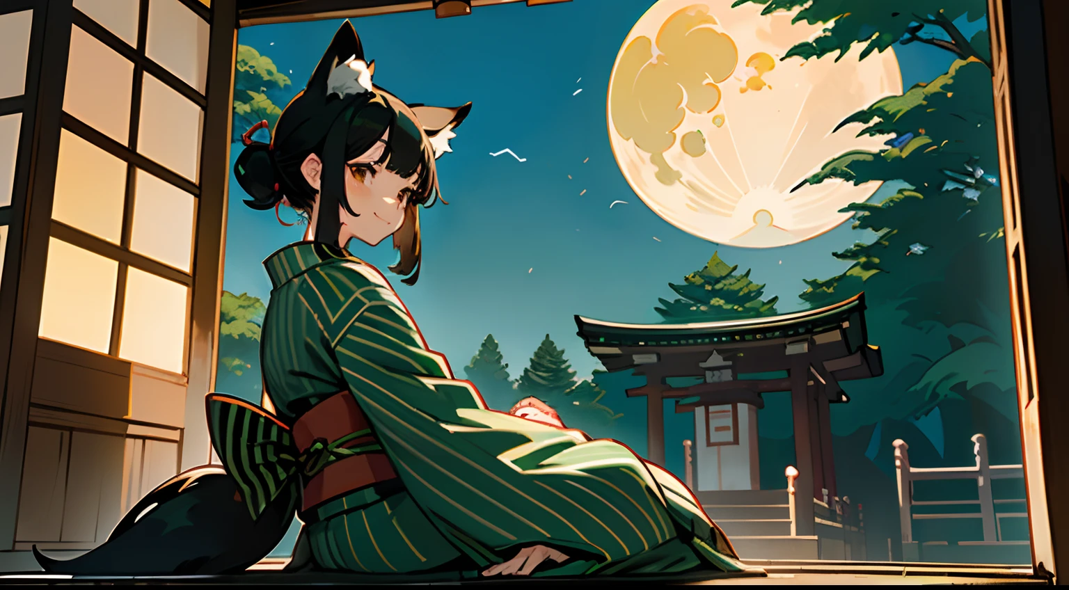 ((​masterpiece:1.4、top-quality))、(one girls、Moon Watching、Smile on the screen on the back、low angles、Black hair spiked hair and brown eyes)、(japanese kimono、Brown and green stripes:1.3)、Fox ears and tail、Sit on the porch、The view is a full moon over a pine forest、Clouds are flowing gracefully、