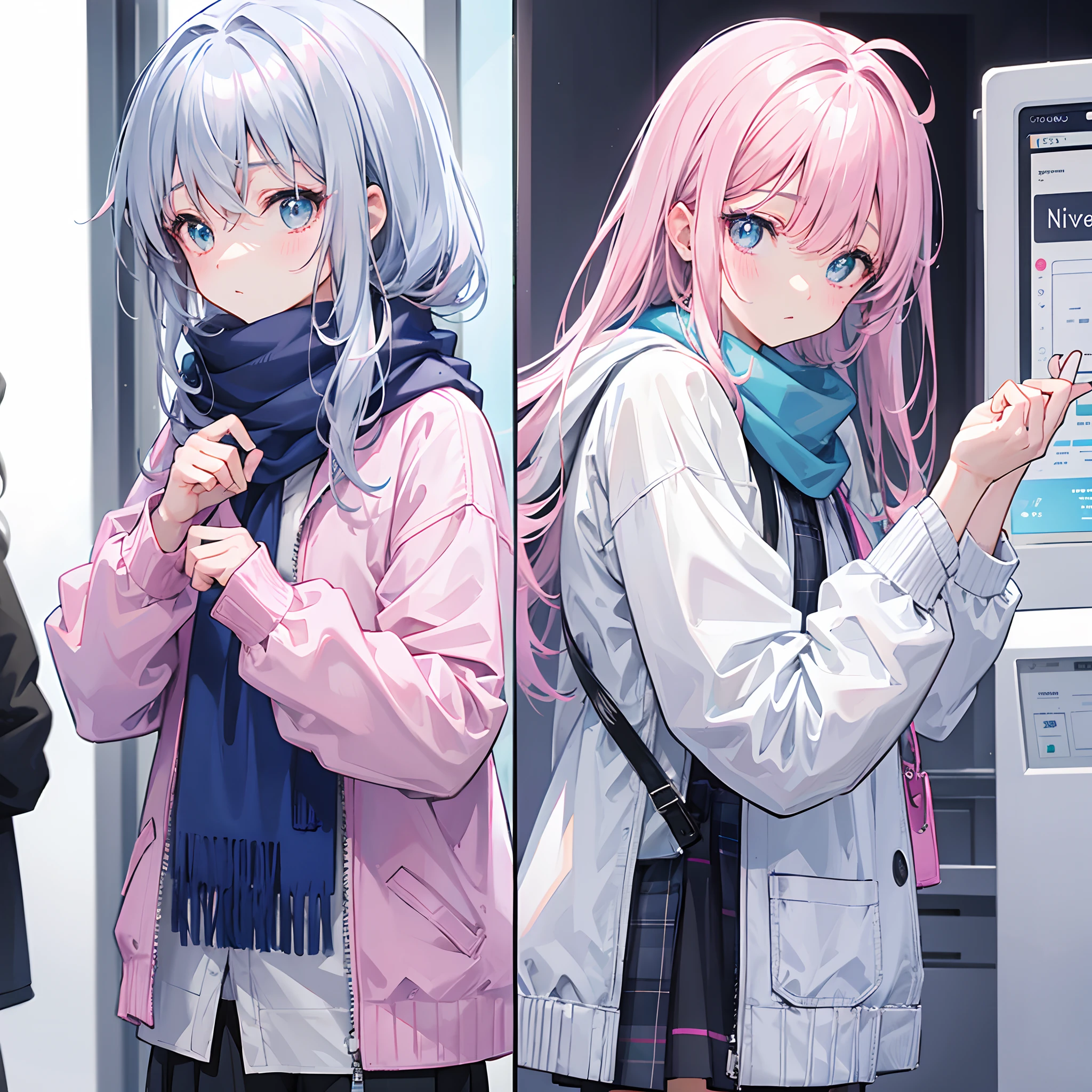 Gray-pink bangs,Blue-green pupils,Wear a silver-white jacket and pink sweater,Wearing a blue scarf,It's a cute girl