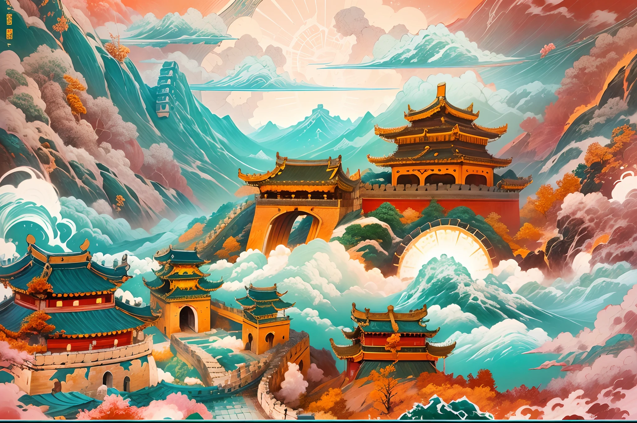 Chinese painting， Modern Chinese background， (Great wall:1.4)，mountain ranges， Auspicious clouds， Pavilions， rays of sunshine， Adopt a psychedelic color scheme，hyper detailed illustration，Light red and sky blue，Imaginary landscape，psychedelic manga，Landscapes and ultra HD images