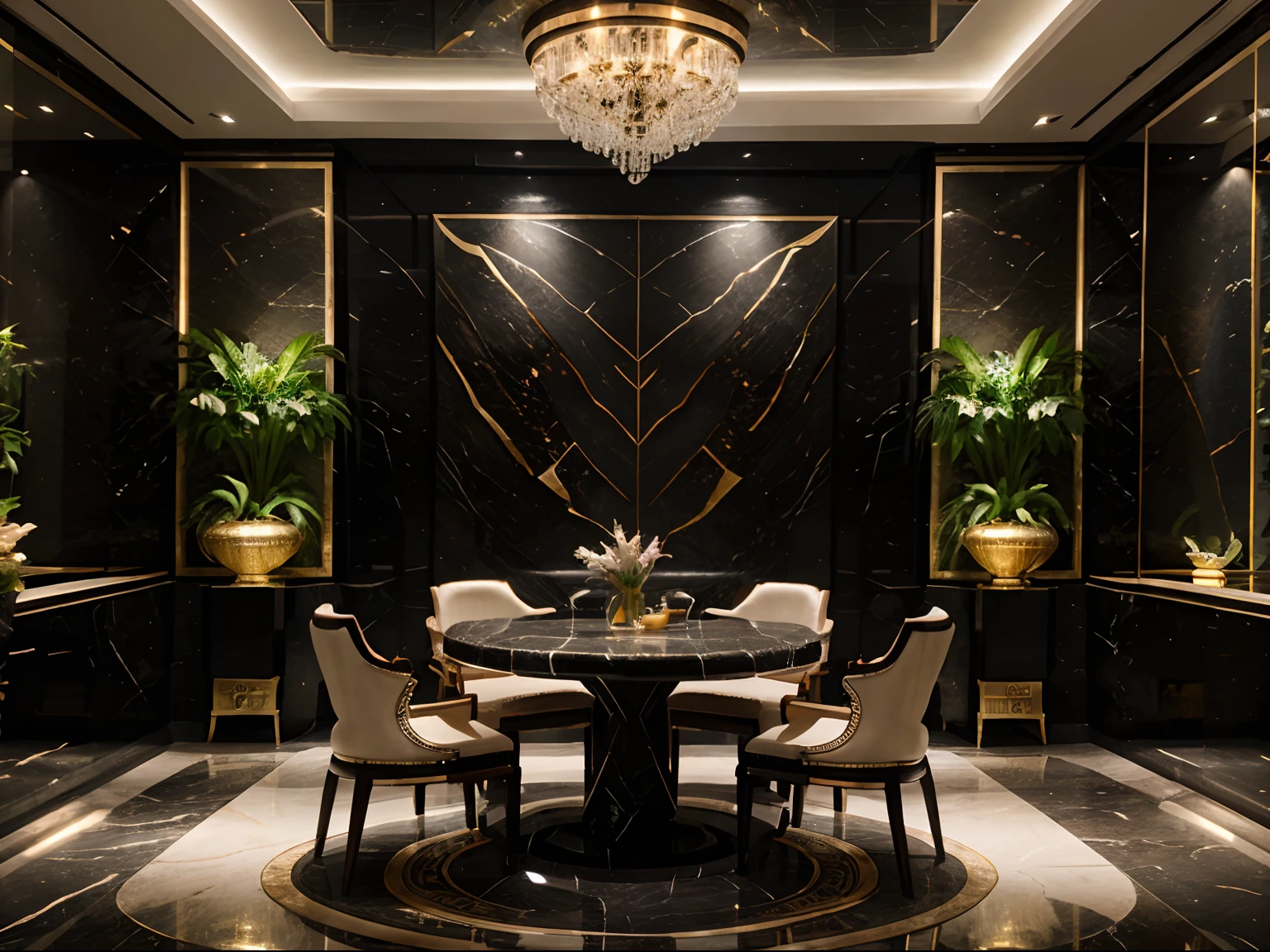 incredible luxurious futuristic interior dinning room in Ancient Vietnamese style with many ((lush plants)) (lotus flowers), ((palm trees)), rocky walls, (sand), ((amazing waterfalls)), (marble), ((precious minerals)), ((metals)), (gemstones), crystals, clouds and ((water)), futuristic luxury furniture, crocodiles, ((hieroglyphics)), (((ultra luxury))), (black marble) – with ((beautiful lights)), Unreal Engine, HQ, 16k