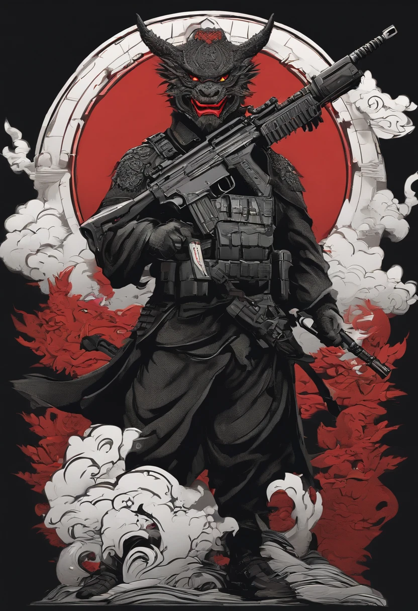 Carrying a HK416 rifle, The face of Qiu Tianwang, dragon face, Tengu Mask, Bold outline style in black, Jagged edges, Front Painting, Sticker illustration on white background, recycle bin, Light Shading --V 5.2