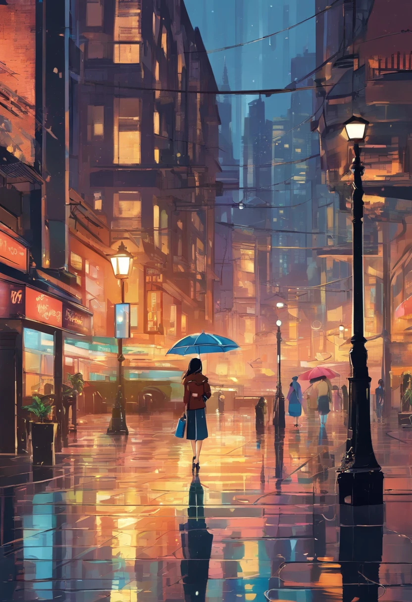(best quality,highres,masterpiece:1.2),ultra-detailed,realistic,photorealistic:1.37,city rain,beautiful elegant woman walking in the city, detailed eyes,detailed lips, detailed face, long eyelashes, elegant appearance, confident and calm, wearing a stylish coat, walking gracefully, surrounded by modern buildings, wet streets reflecting the lights, vibrant cityscape, soft and cool color tone, gentle city lights, light raindrops falling from the sky, creating a serene and peaceful atmosphere