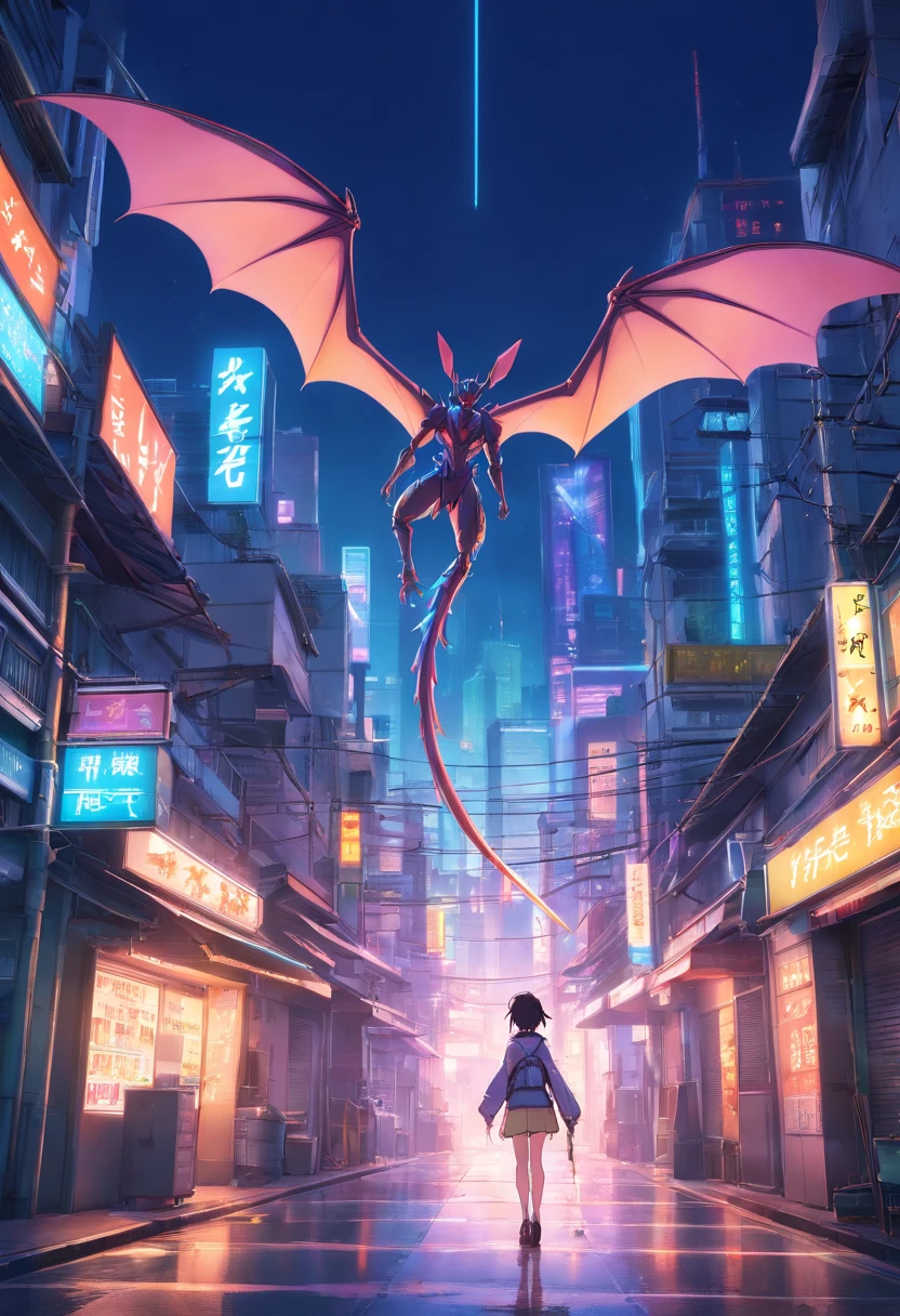 make a Wyvern robot, It looks like a dragon with no front arms, has a long neck, apenas duas asas e pernas traseiras fortes, The body is long and slender, com uma cauda longa e afilada, Its two wings have a wingspan larger than the length of the body and similar to a bat, tem pernas traseiras musculosas e garras afiadas, Cyberpunk, brilho sonhador, luminous neon lights, limpo, fundo branco, ( global ilumination, Travessia de estrias, HDR, unreal render, Reasonable design, High detail, piece of master, best quality, hiper HD, Cinematic lighting)