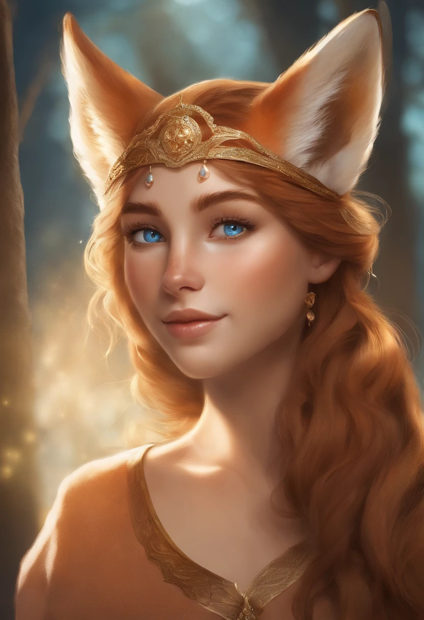 woman fox spirit, moddest, queen, blue eyes, left eye brown spot, rounded face, light freckles, happy, brown/blond hair, light brown hair, cute,