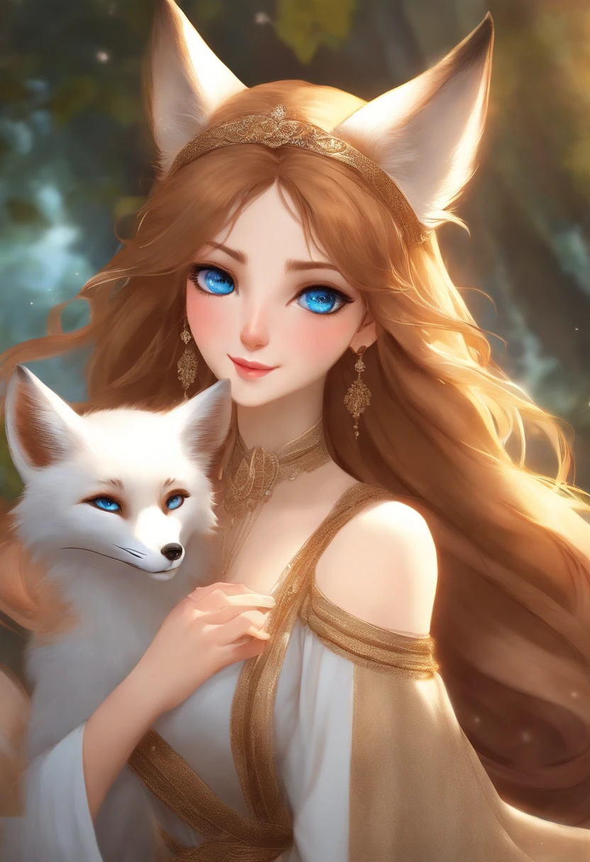woman fox spirit, moddest, queen, blue eyes, left eye brown spot, rounded face, light freckles, happy, brown/blond hair, light brown hair, cute,