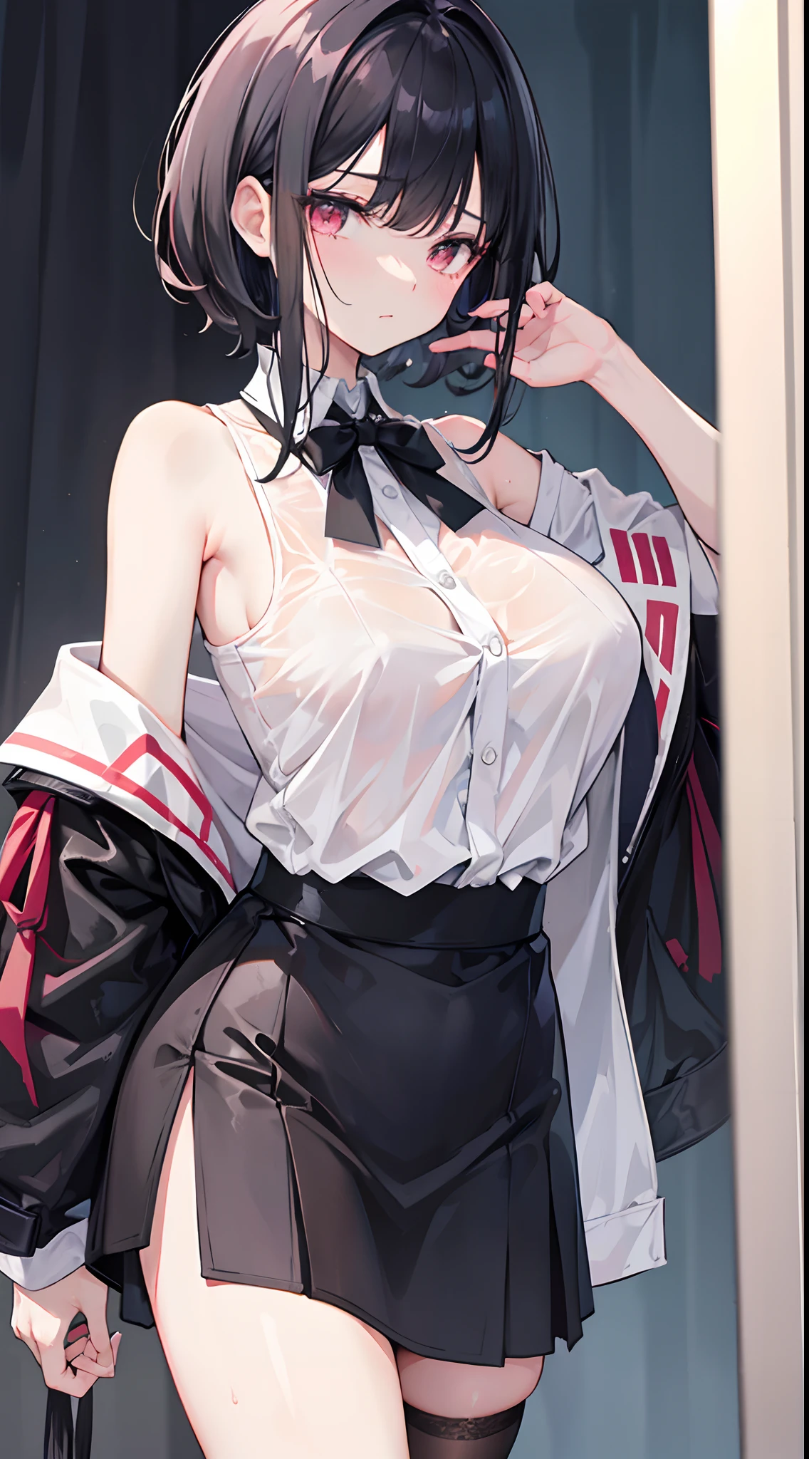 The short pale black hair is scattered,,Hair curtains,Two hair curtains on both sides,dual horsetail,Microvolumes,White off-the-shoulder short sleeves,The black thin jacket is half off to the shoulders,Big breasts pink eyes,,short skirt,black lence stockings,His face was slightly red,expressiveless,The angle of inclination,Hair is wet,Clothes soaked with sweat
