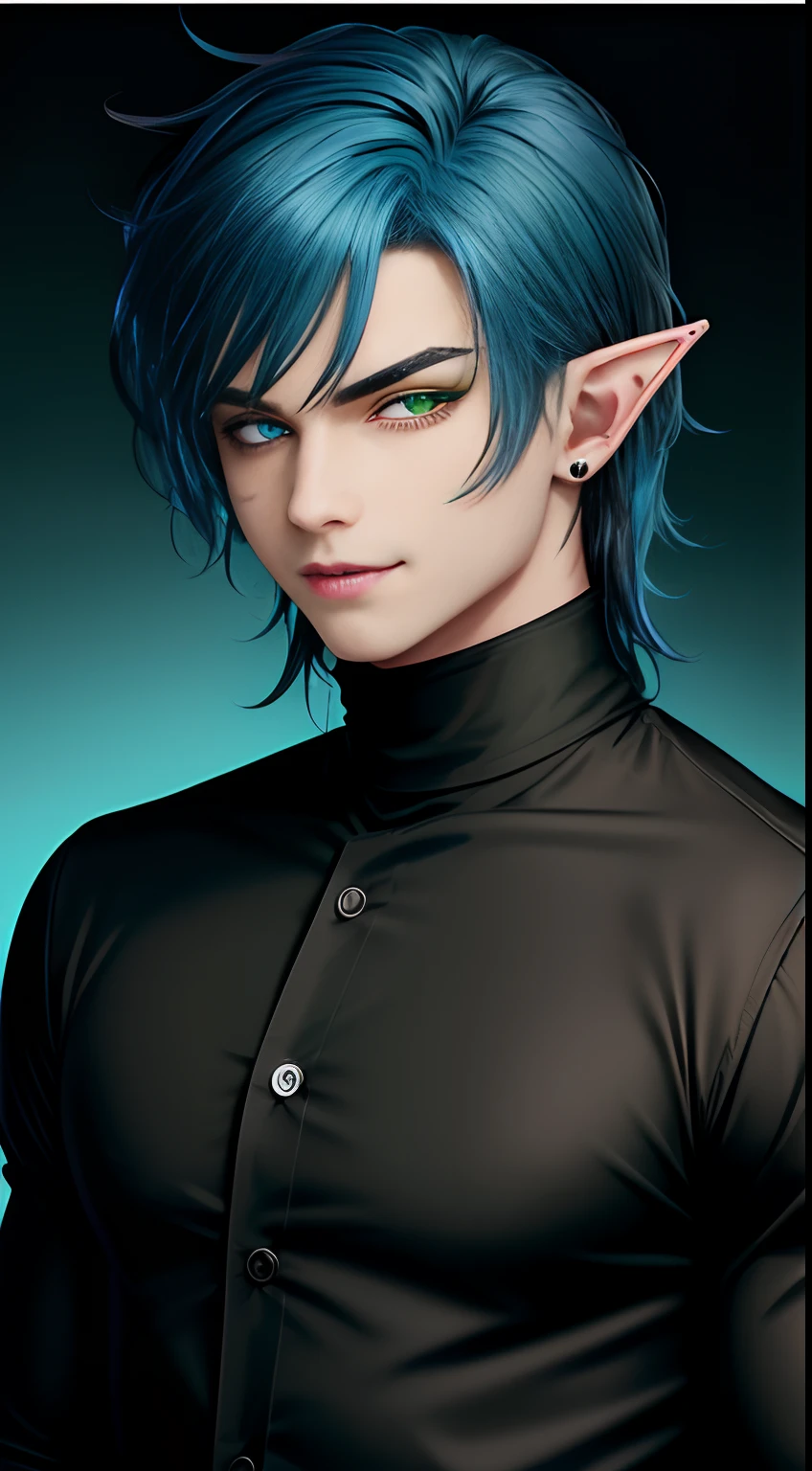 Anime male, (((green eye color))), elf ears, ear piercings, fangs, sharp canines, blue hair, slicked back hair, smirk, muscular, definited muscles, black turtleneck shirt, turtleneck shirt, anime, detailed, anime drawing (((blue hair))), shoulder length hair, anime, ultra res, mullet, messy hair, stray hairs, quarter view, high-res, wavy hair, ((black shirt with no coat)), spiked hair, small bangs, no bangs