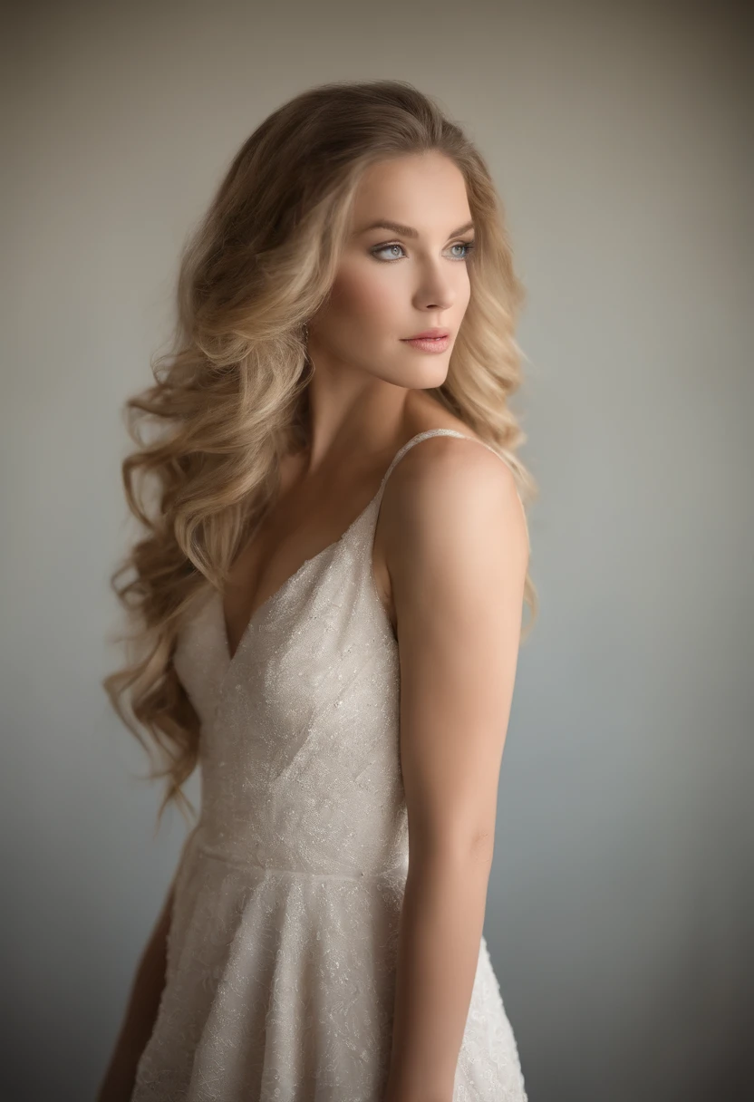 Beautiful 20 year old girl, Long wavy Golden blonde hair, emerald green eyes, expressive eyebrows, long jet black eyelashes, almost shaped eyes, aquiline nose, rose-red lips, diamond shaped face, hourglass figure, sculptured shoulders and neck, long and Lithe limbs, sculpted back and curves, flawless skin. Large breasts