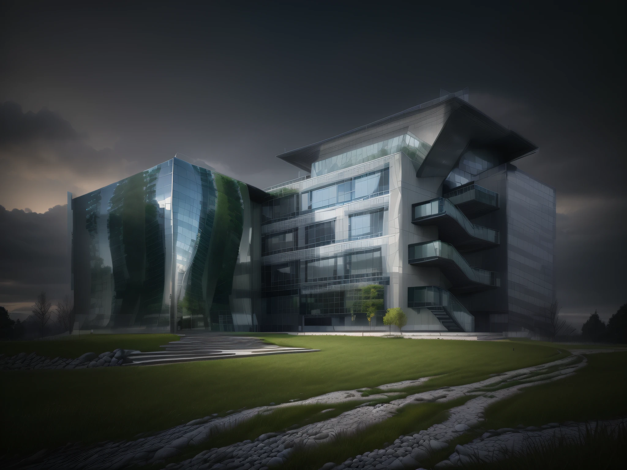 modern glass building, concrete and glass wall, nice landscape around, high tree, grass ground, dynamic (RAW photo, real, best quality, masterpiece:1.2), (hyper realistic, photo-realistic:1.2), high quality, (dark lighting:1.2), perfect lighting, archdaily