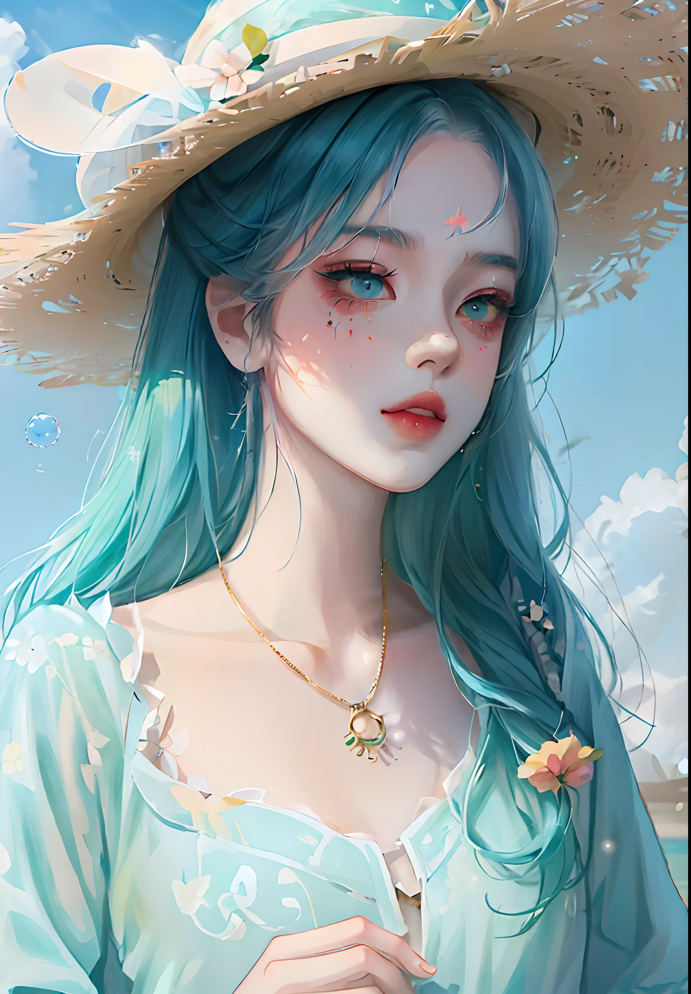 anime girl with blue hair wearing a straw hat and naked, artwork in the style of guweiz, beautiful anime portrait, guweiz, beautiful anime girl, beautiful anime style, anime girl with teal hair, anime style. 8k, in the art style of bowater, beautiful digital illustration, beautiful character painting, stunning anime face portrait