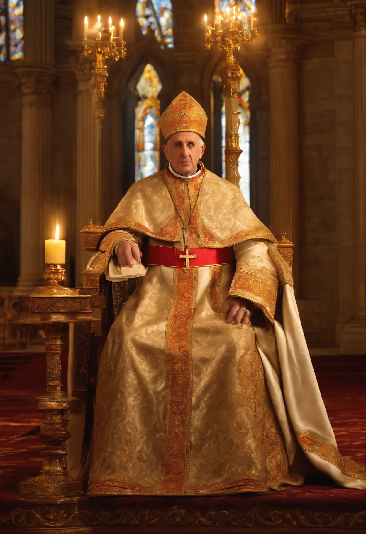 high quality, realistic portrait, Pope Innocent III, detailed eyes and face, papal miter, sitting on a golden throne, richly decorated Catholic church, stained glass windows, flickering candlelight, religious symbols, tall marble columns, ornate altar, holy atmosphere, vibrant colors, soft lighting, majestic presence