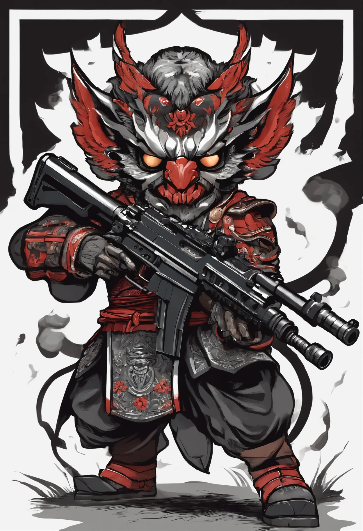 Holding a HK416 rifle, The face of Qiu Tianwang, Tengu Mask, Bold outline style in black, Jagged edges, Front Painting, Sticker illustration on white background, recycle bin, Light Shading --V 5.2