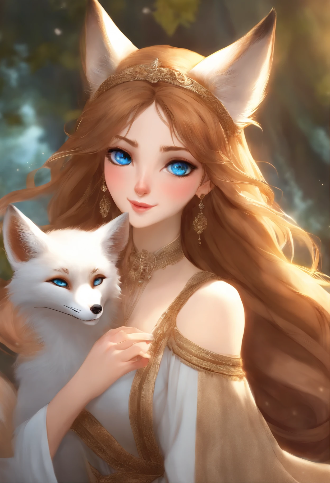 woman fox spirit, moddest, queen, blue eyes, left eye brown spot, rounded face, light freckles, happy, brown/blond hair, light brown hair, cute,