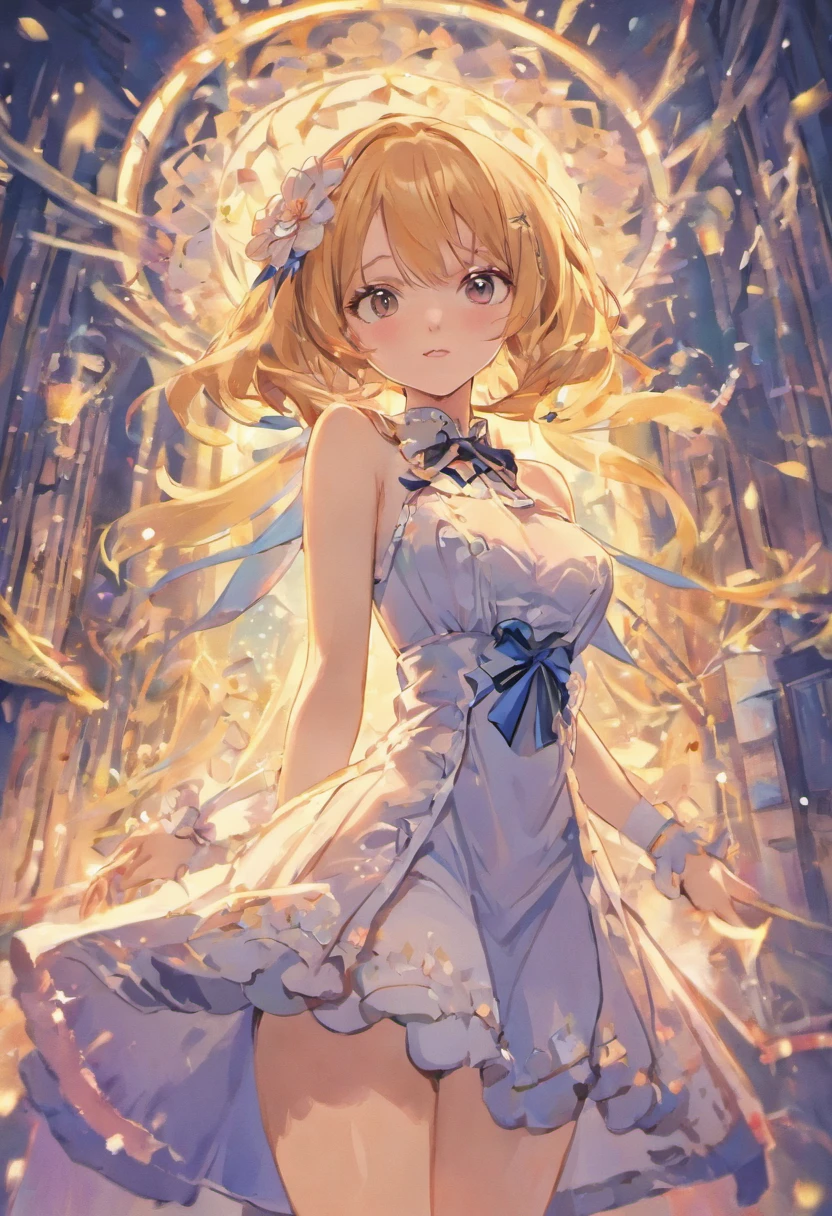 tmasterpiece，Best quality at best，offcial art，The is very detailed的 CG unified 8k 壁纸，One day，hugefilesize，Lori huge breasts cleavage，Messugacchi，Very long hair，shinning eyes，white dresses，black thighhigns，Mary Jane，flower ribbon