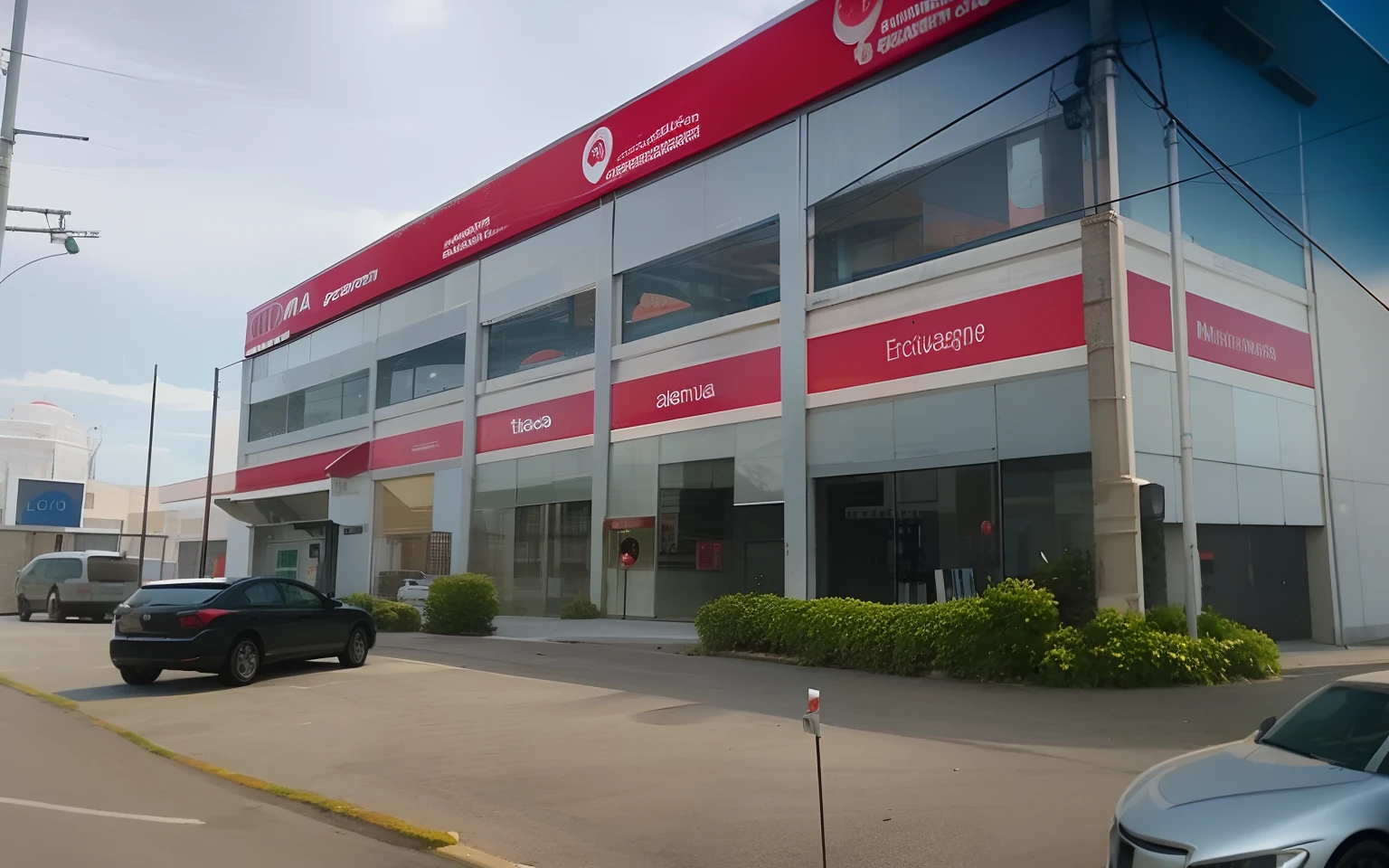 cars are parked in front of a building with a red sign, Fachada Freddy Mamani Silvestre, foto para uma loja, Henry Alvim Correa, foto descoberta, Lojas, Directed by: Luis Miranda, Directed by: Paulo Carpio, by Francisco Zúñiga, loja, Directed by: Juan Fernando Cobo, Directed by: Samuel Silva