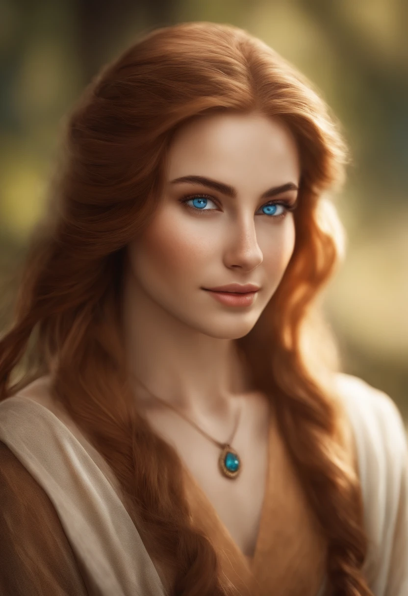 woman fox spirit, moddest, queen, blue eyes, left eye brown spot, rounded face, light freckles, happy, brown/blond hair, light brown hair, cute, realisic, photography,